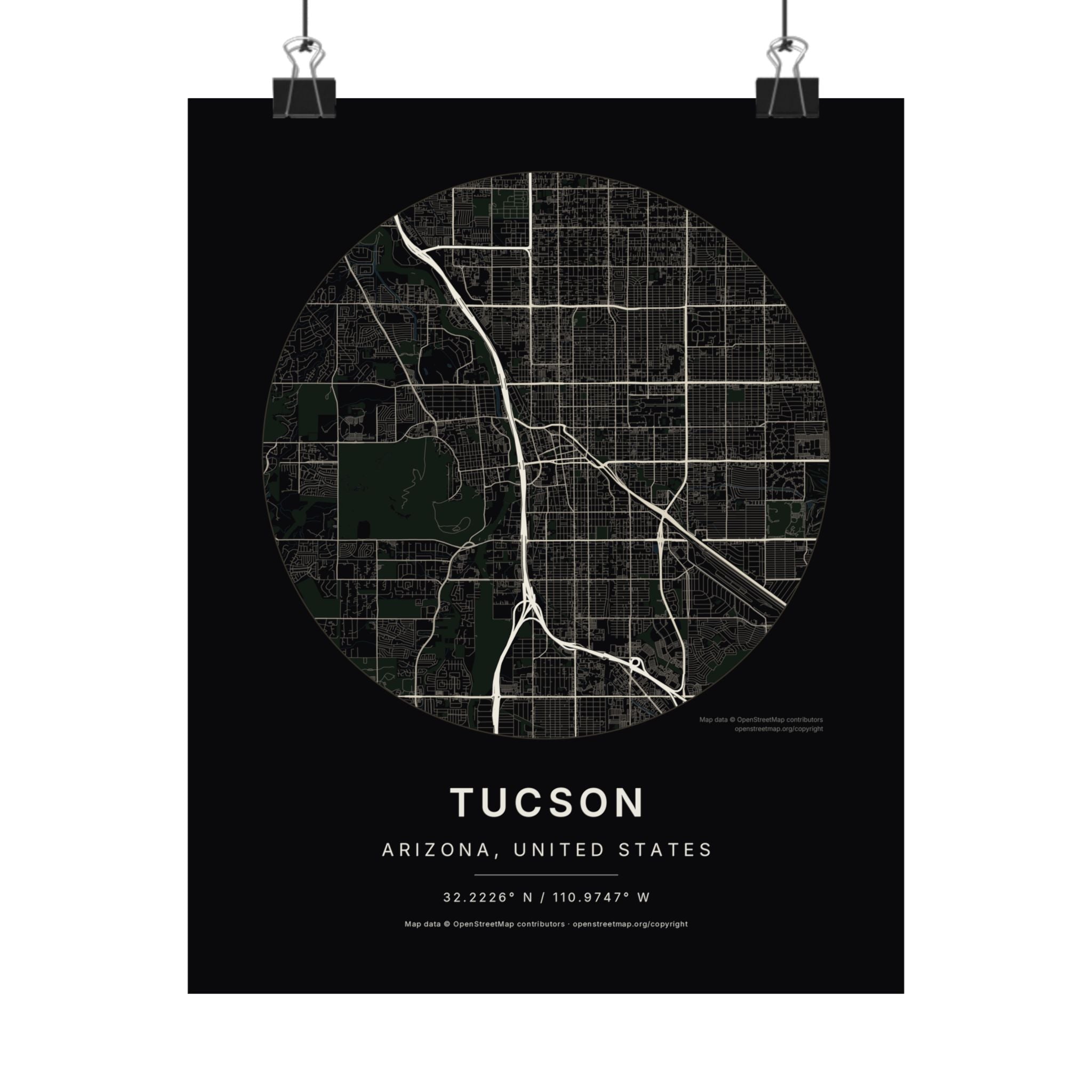Tucson, Arizona City Map Print — Noir Black Street Map Wall Art