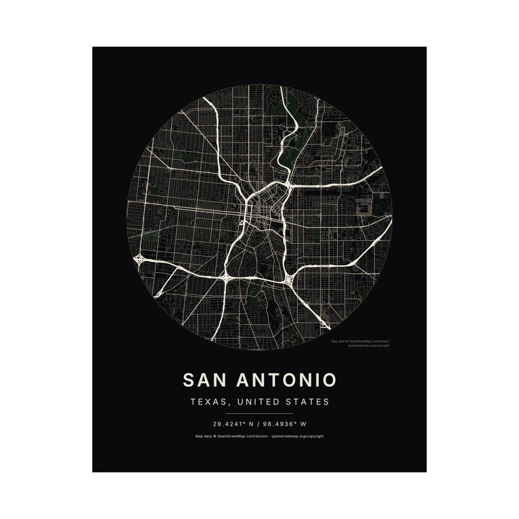 San Antonio, Texas City Map Print — Noir Black Street Map Wall Art