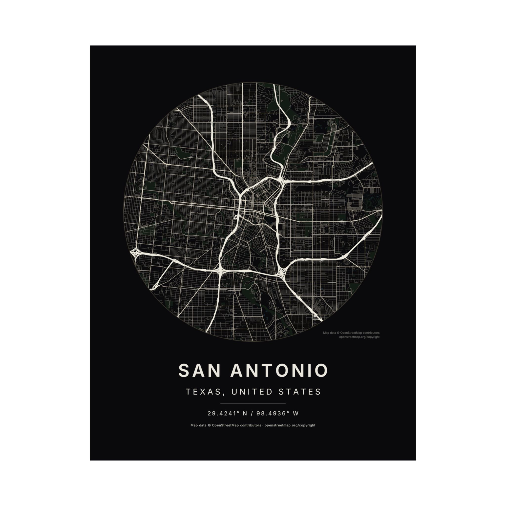 San Antonio, Texas City Map Print — Noir Black Street Map Wall Art