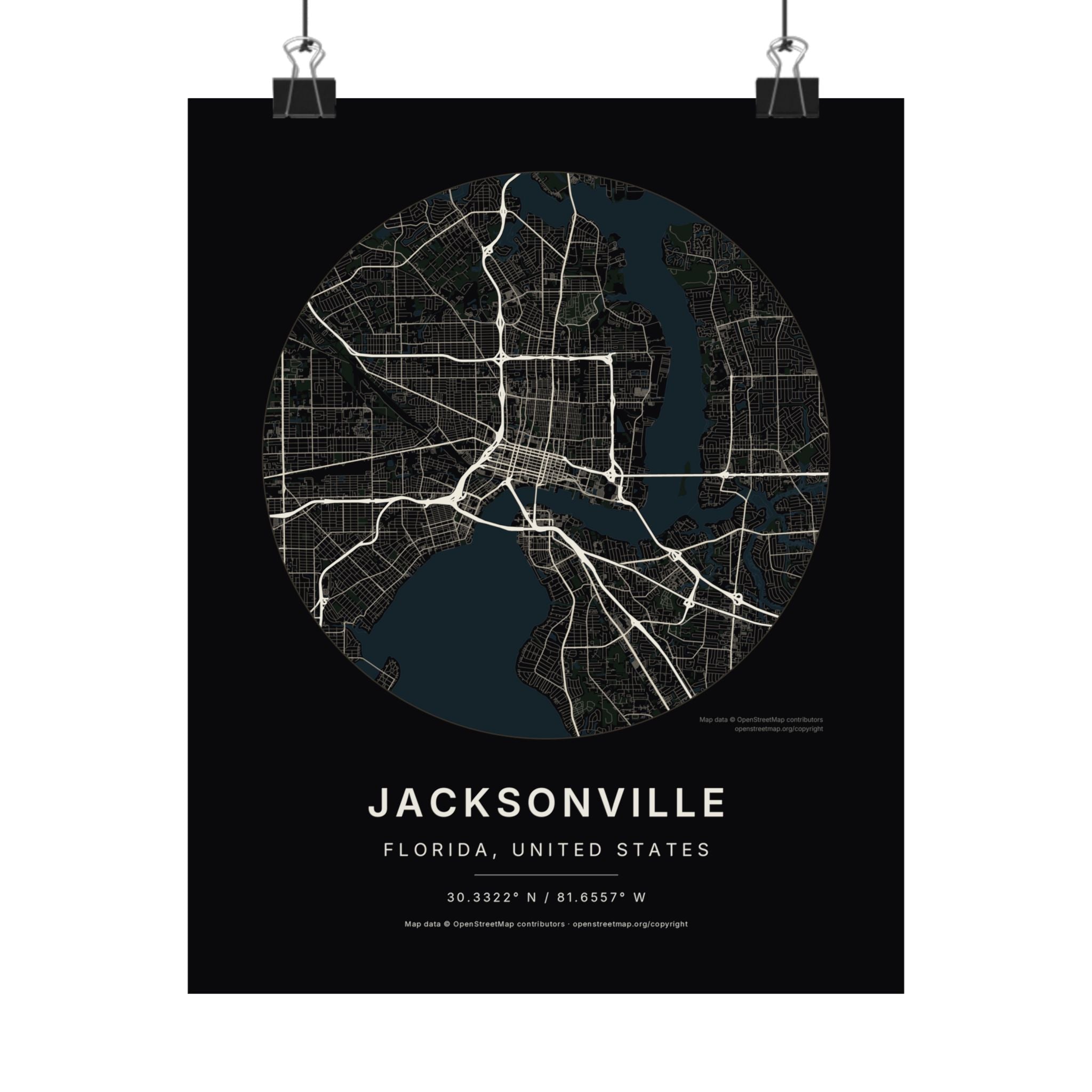 Jacksonville, Florida City Map Print — Noir Black Street Map Wall Art