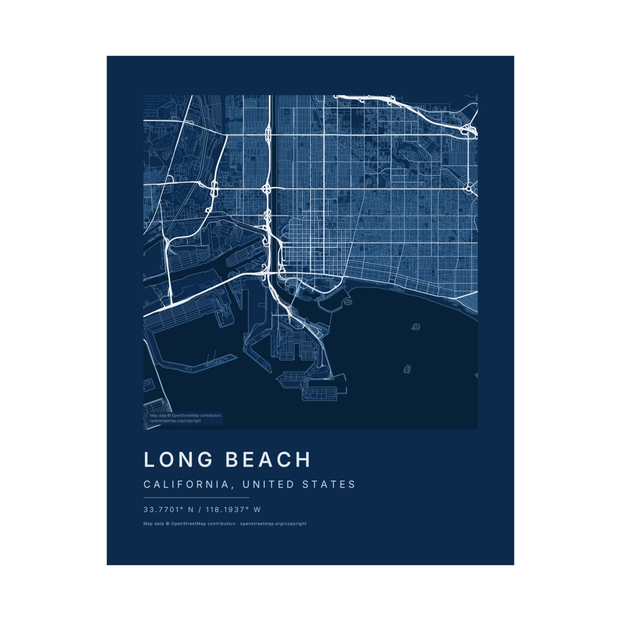 Long Beach, California City Map Print — Blueprint Navy Street Map Wall Art