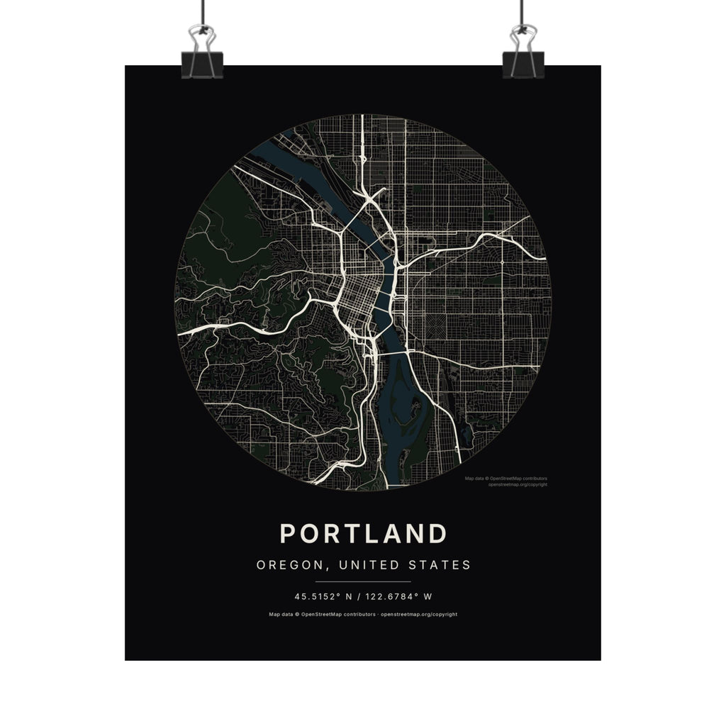 Portland, Oregon City Map Print — Noir Black Street Map Wall Art