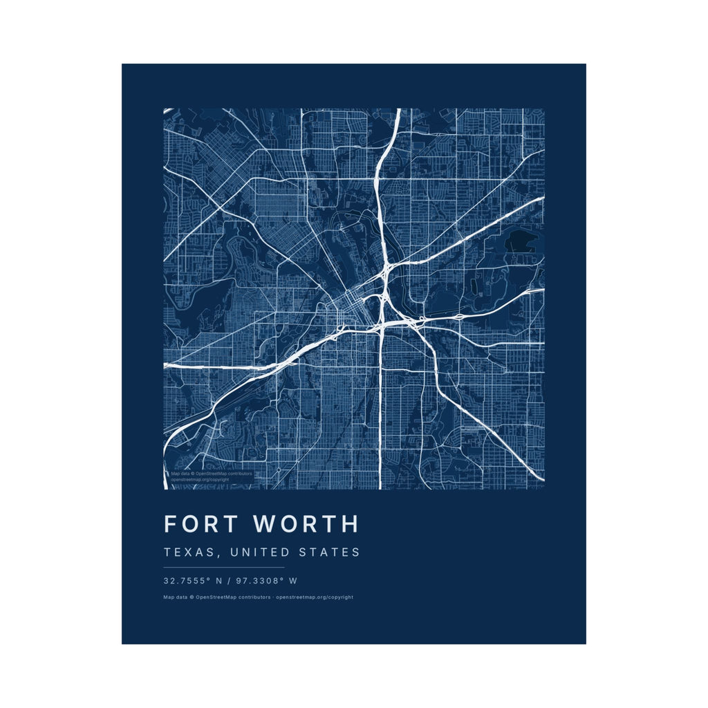 Fort Worth, Texas City Map Print — Blueprint Navy Street Map Wall Art