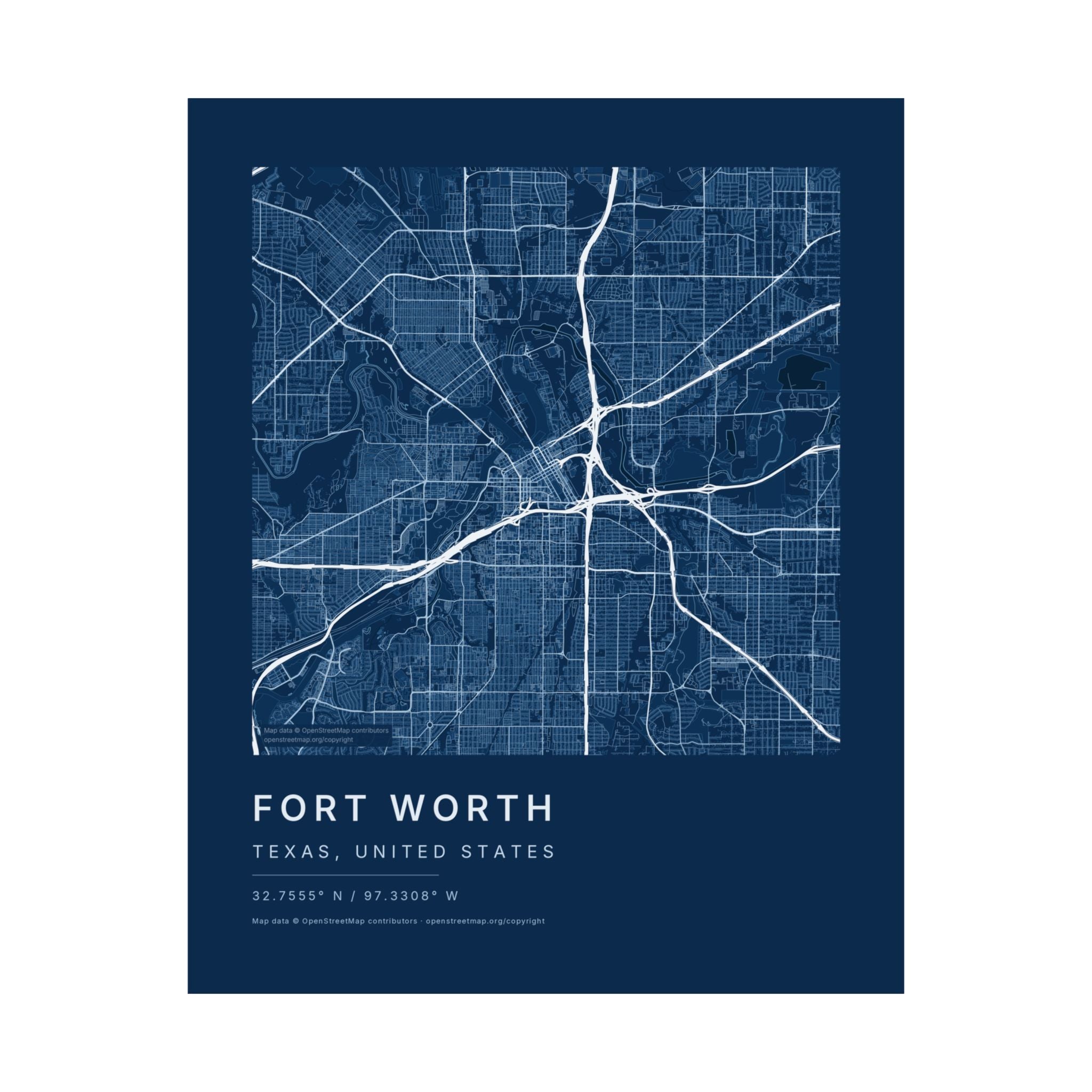 Fort Worth, Texas City Map Print — Blueprint Navy Street Map Wall Art