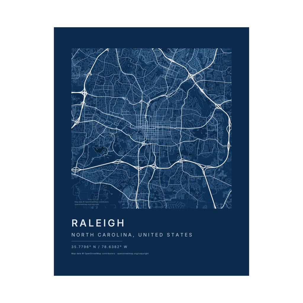 Raleigh, North Carolina City Map Print — Blueprint Navy Street Map Wall Art