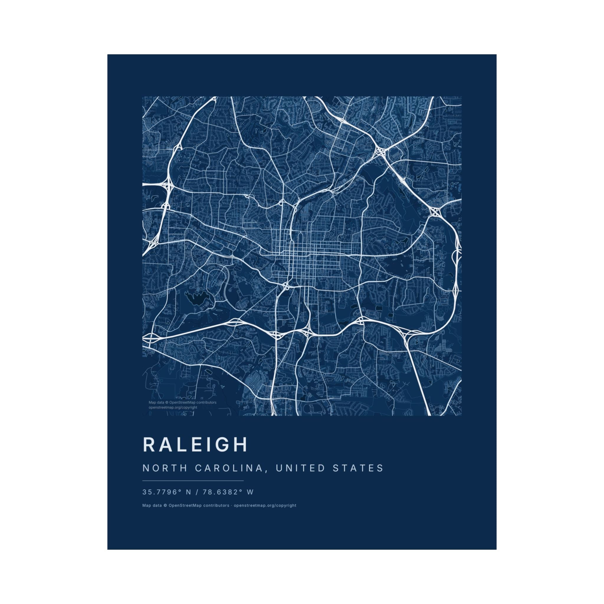 Raleigh, North Carolina City Map Print — Blueprint Navy Street Map Wall Art