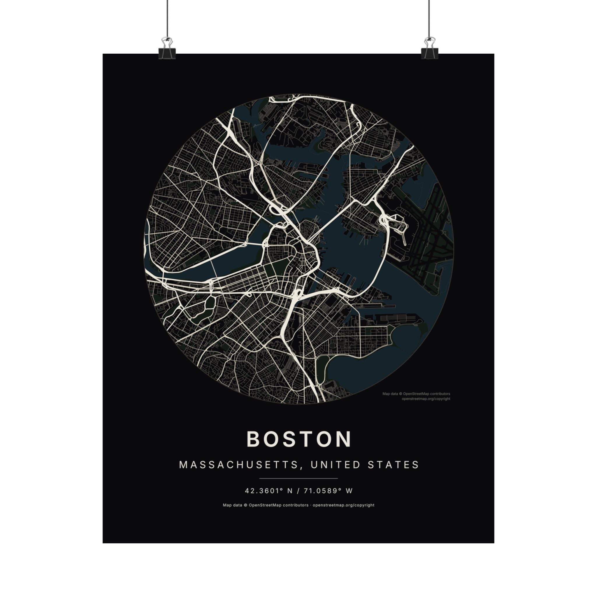 Boston, Massachusetts City Map Print — Noir Black Street Map Wall Art