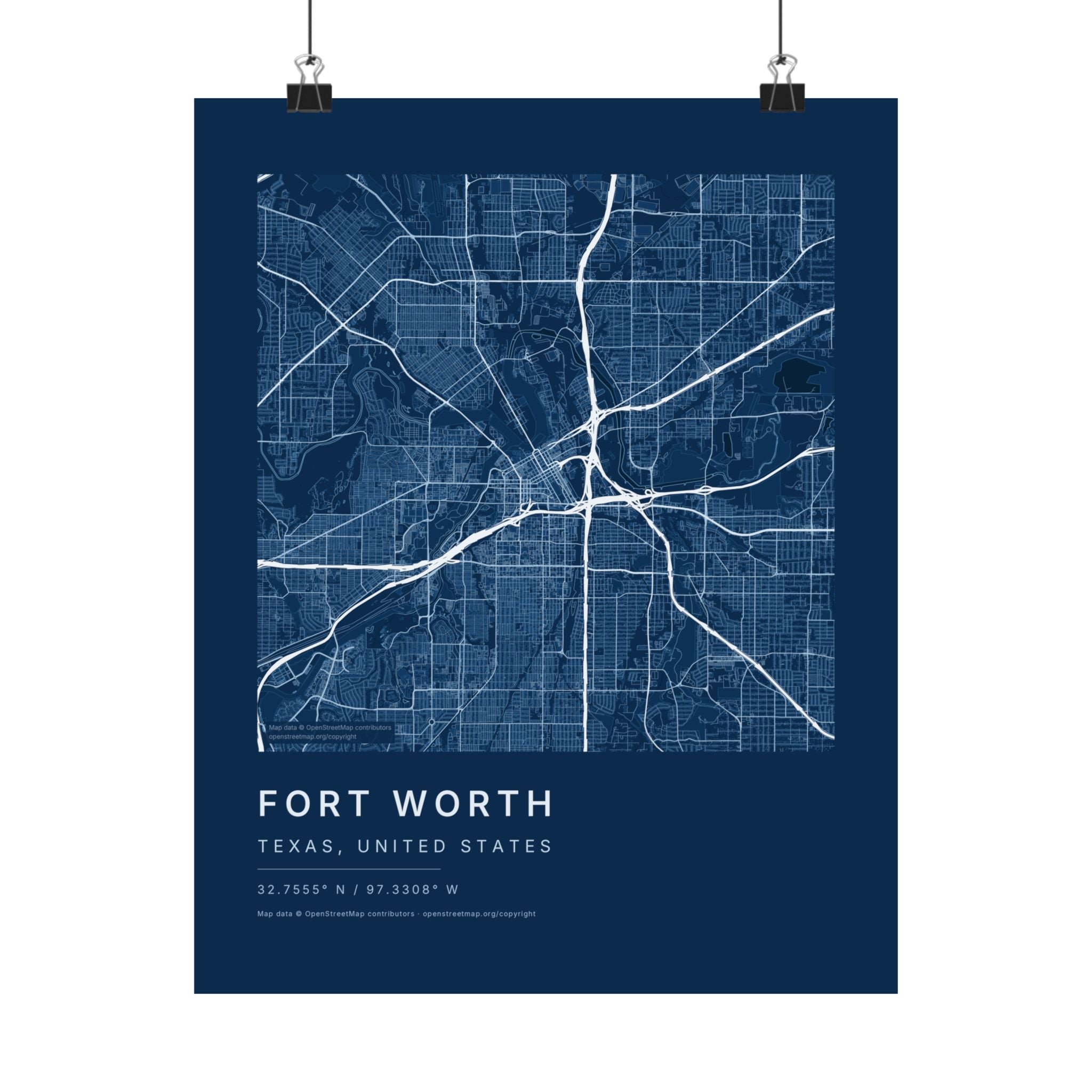Fort Worth, Texas City Map Print — Blueprint Navy Street Map Wall Art