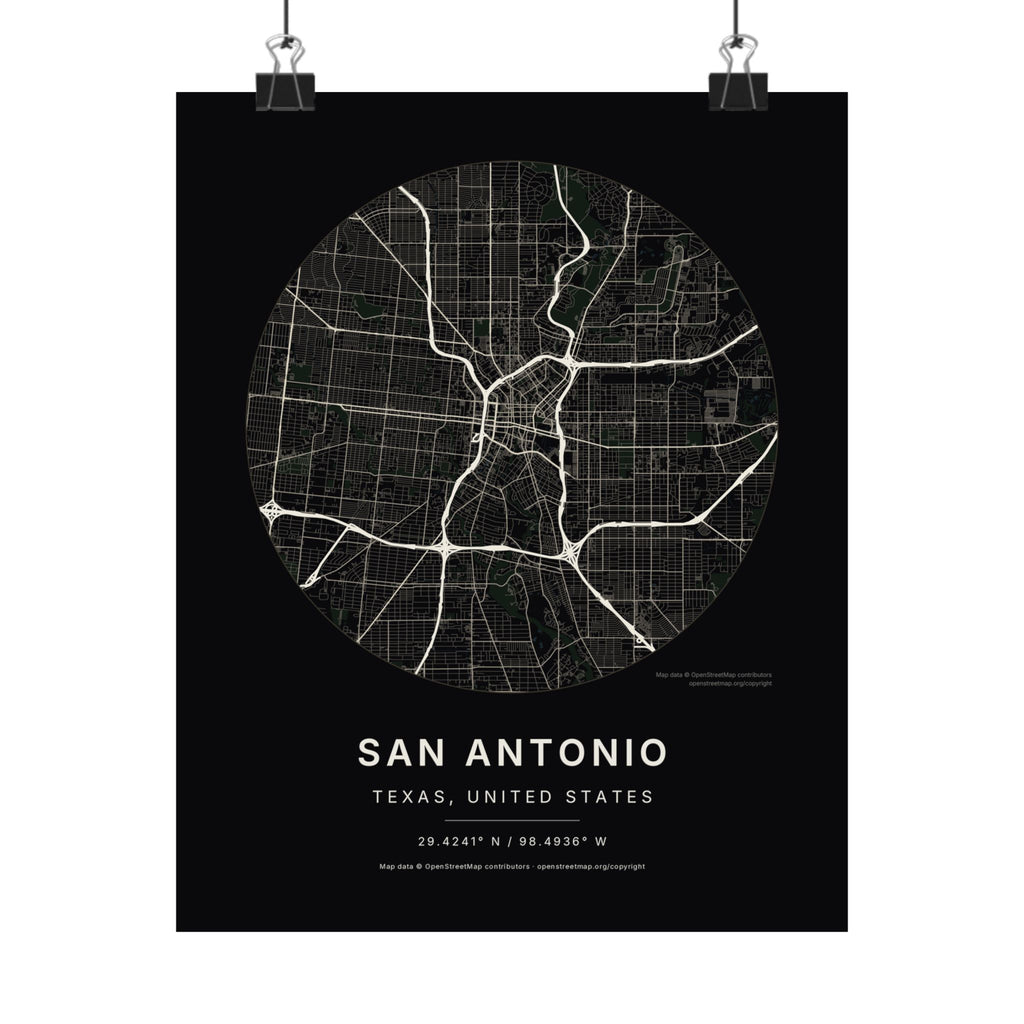 San Antonio, Texas City Map Print — Noir Black Street Map Wall Art