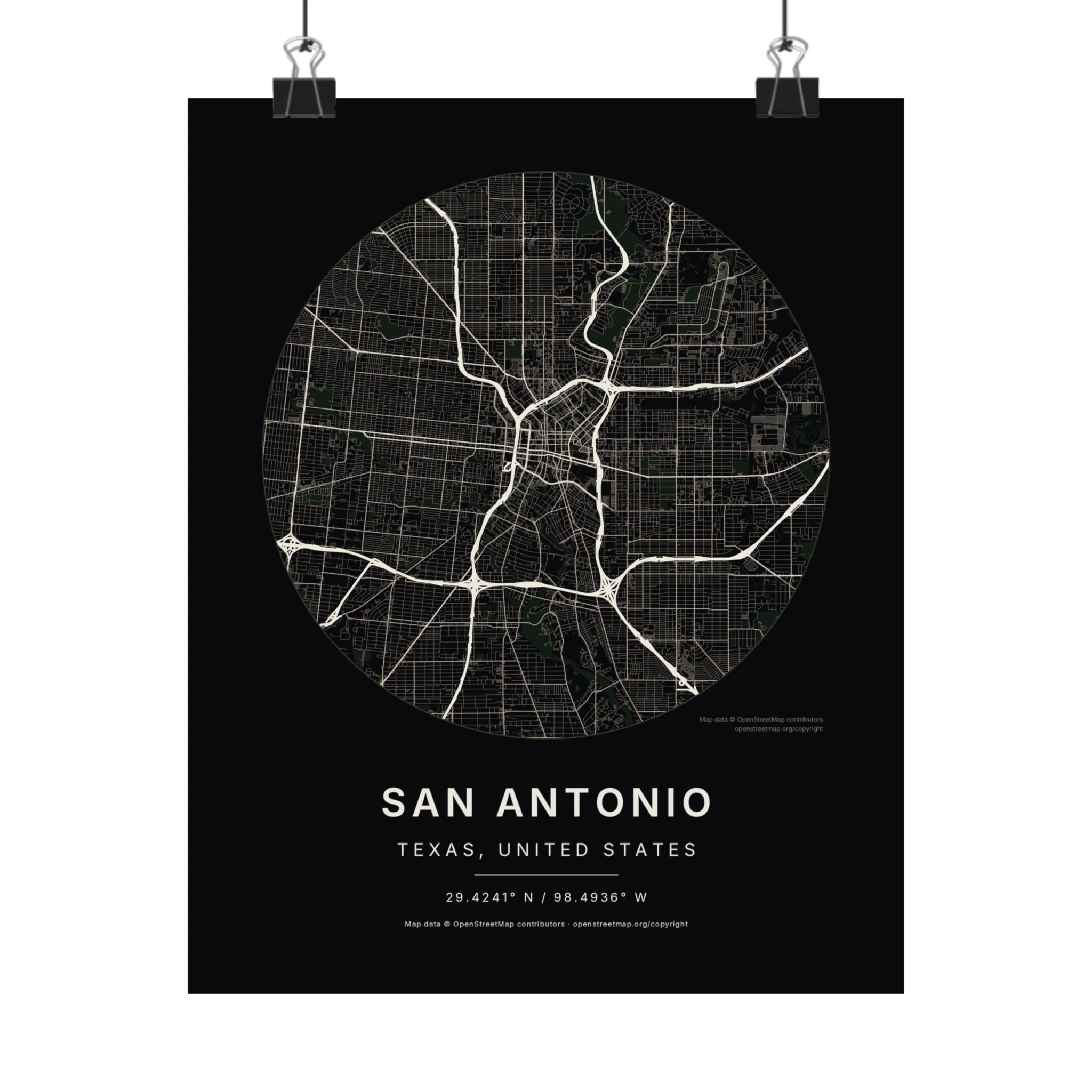 San Antonio, Texas City Map Print — Noir Black Street Map Wall Art