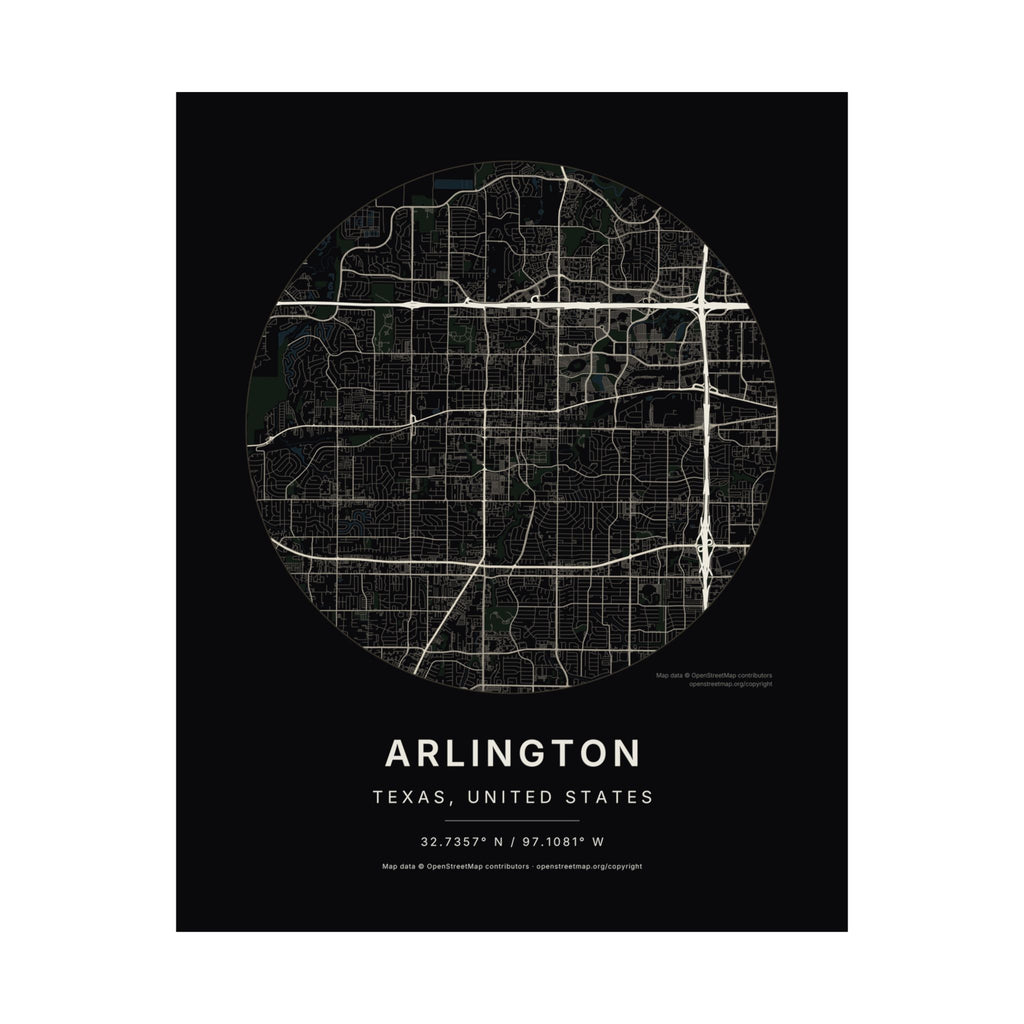 Arlington, Texas City Map Print — Noir Black Street Map Wall Art