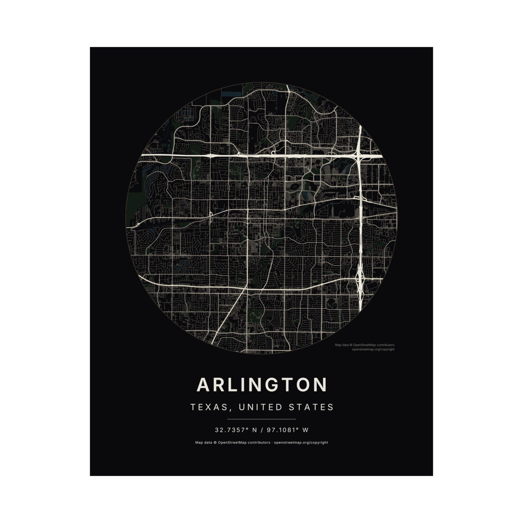 Arlington, Texas City Map Print — Noir Black Street Map Wall Art