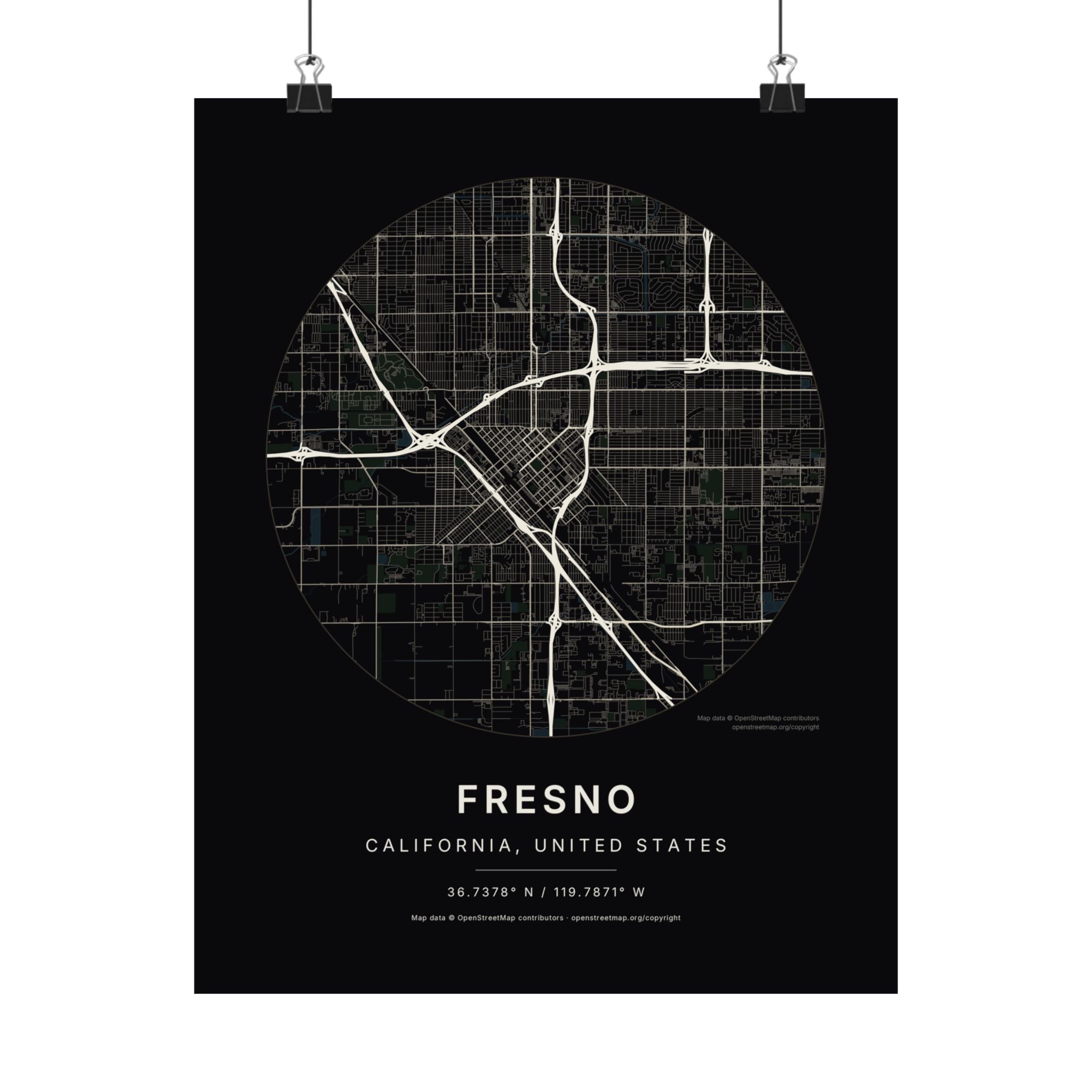 Fresno, California City Map Print — Noir Black Street Map Wall Art