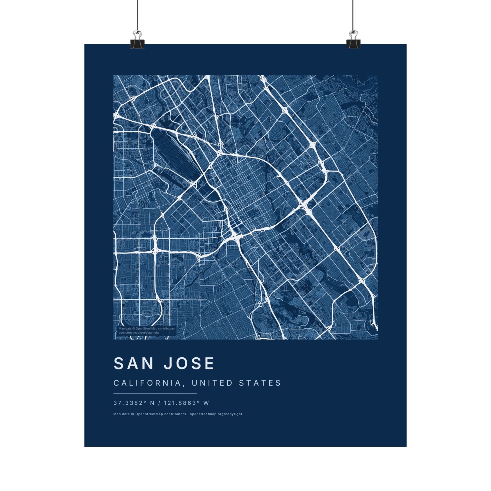 San Jose, California City Map Print — Blueprint Navy Street Map Wall Art