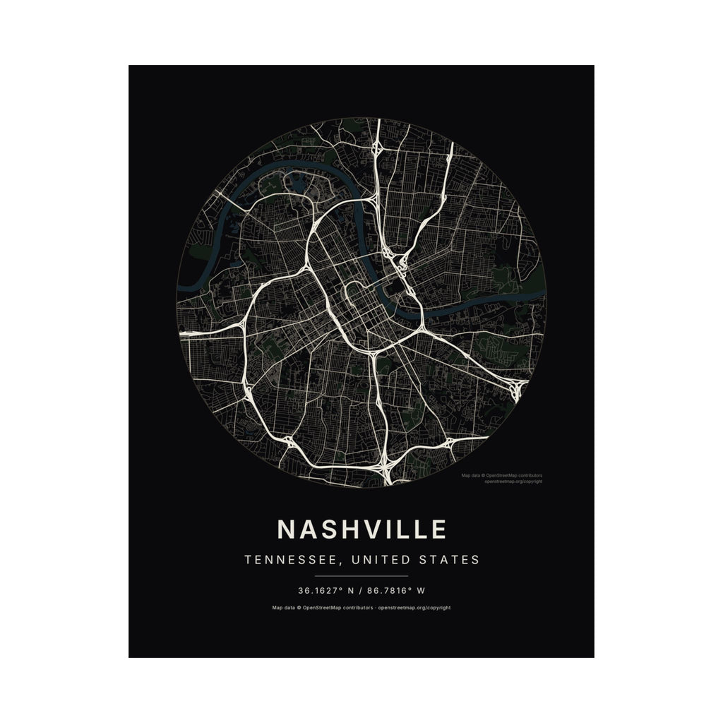 Nashville, Tennessee City Map Print — Noir Black Street Map Wall Art