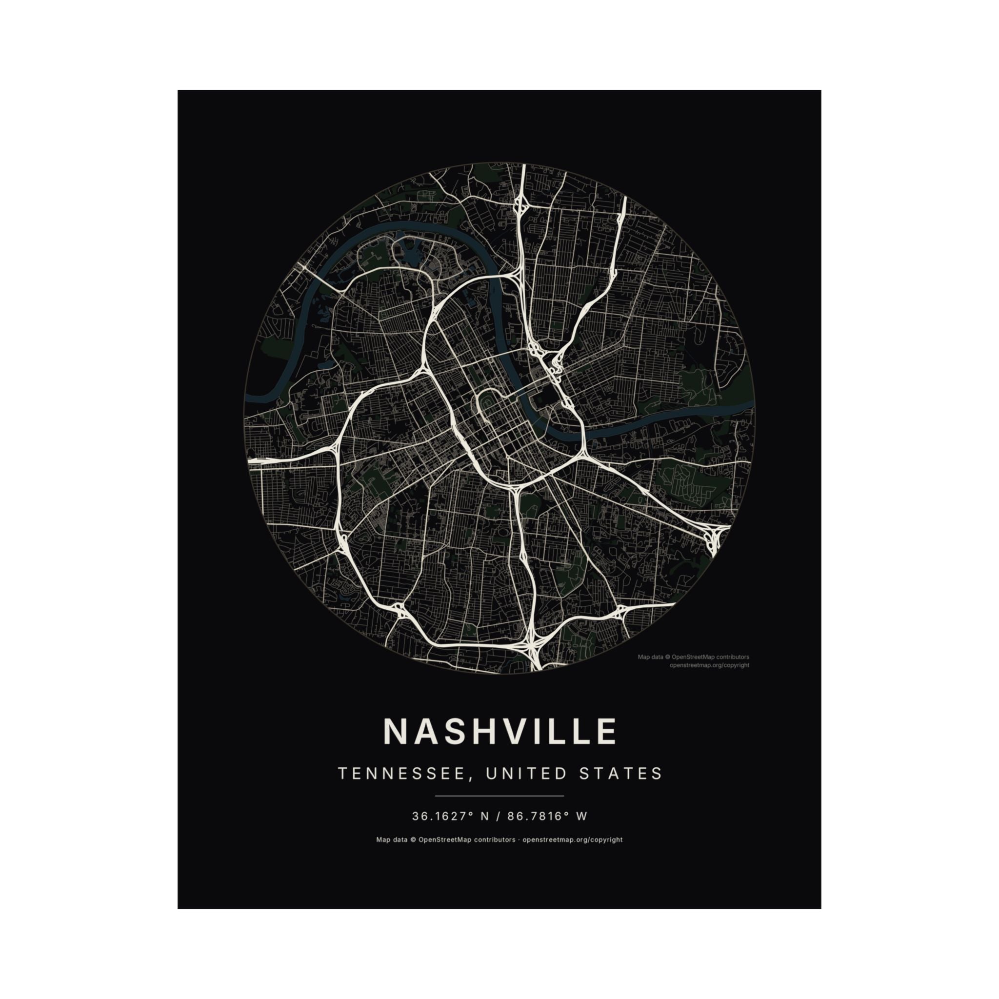 Nashville, Tennessee City Map Print — Noir Black Street Map Wall Art