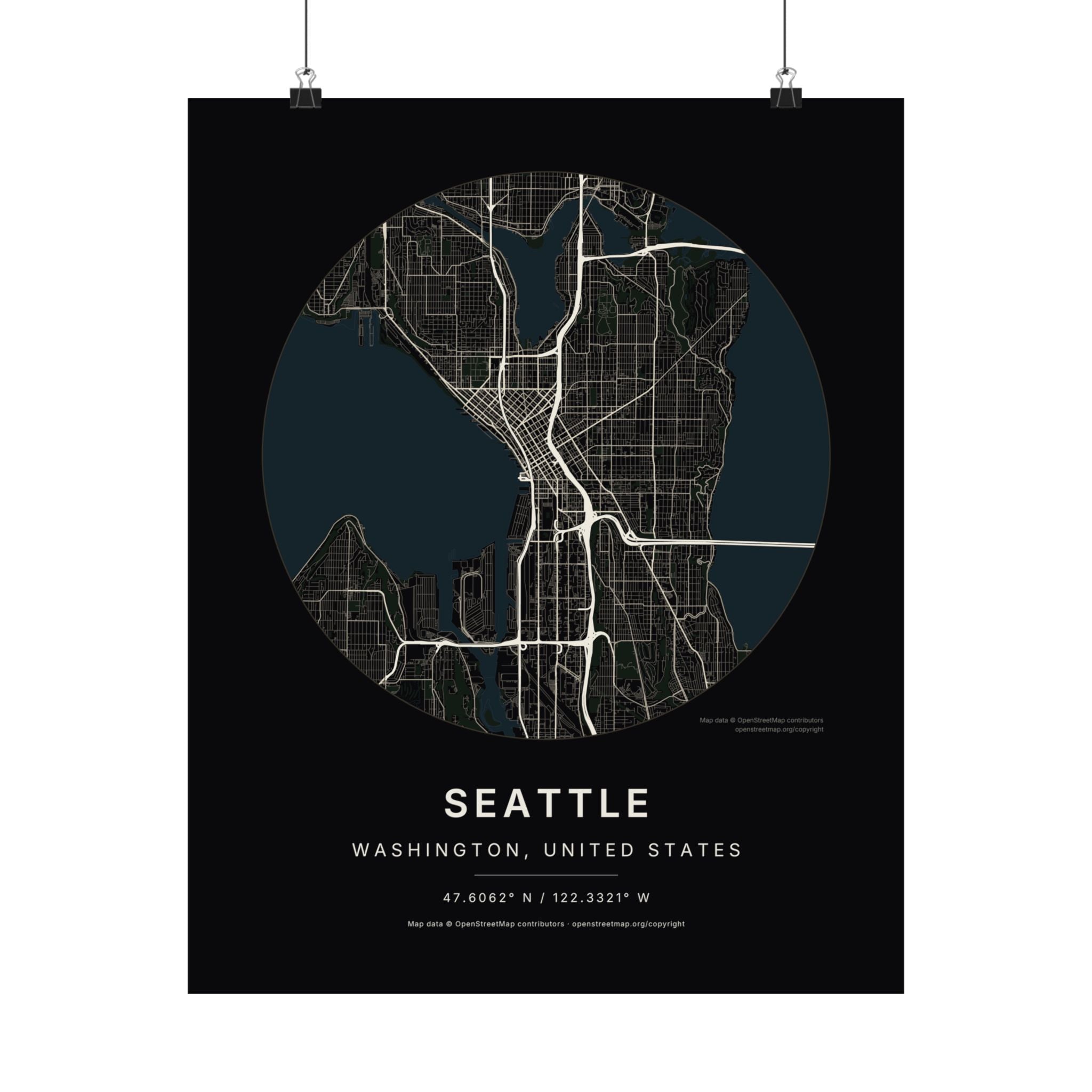 Seattle, Washington City Map Print — Noir Black Street Map Wall Art