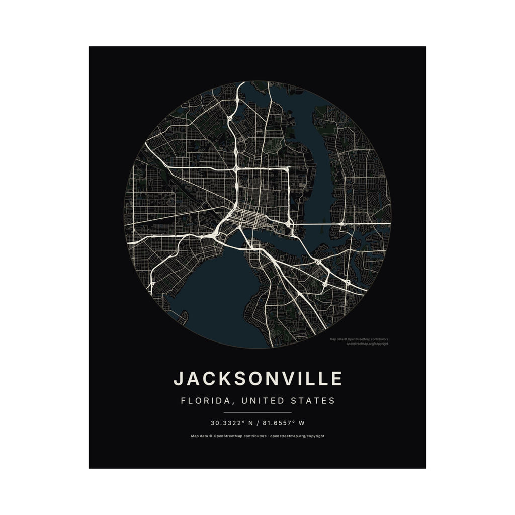 Jacksonville, Florida City Map Print — Noir Black Street Map Wall Art