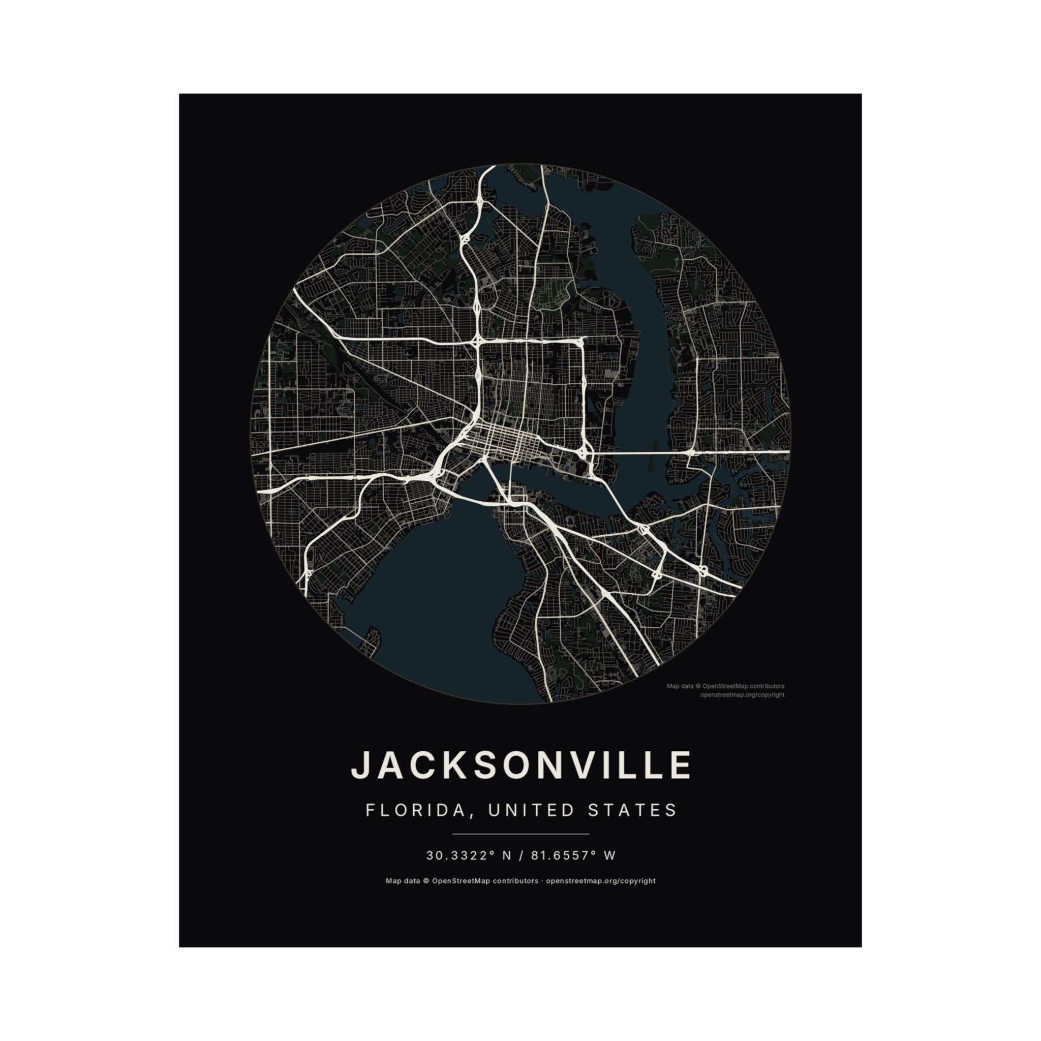 Jacksonville, Florida City Map Print — Noir Black Street Map Wall Art