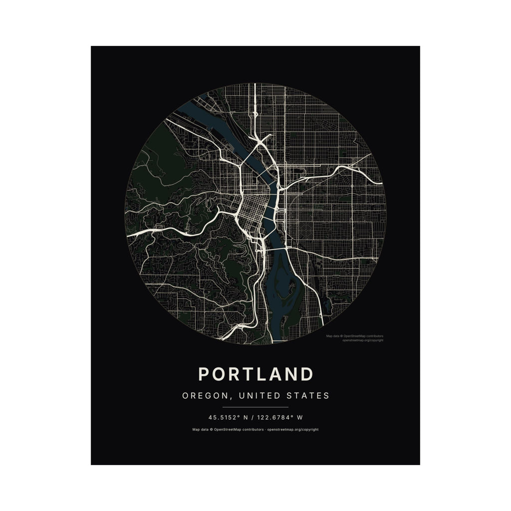 Portland, Oregon City Map Print — Noir Black Street Map Wall Art