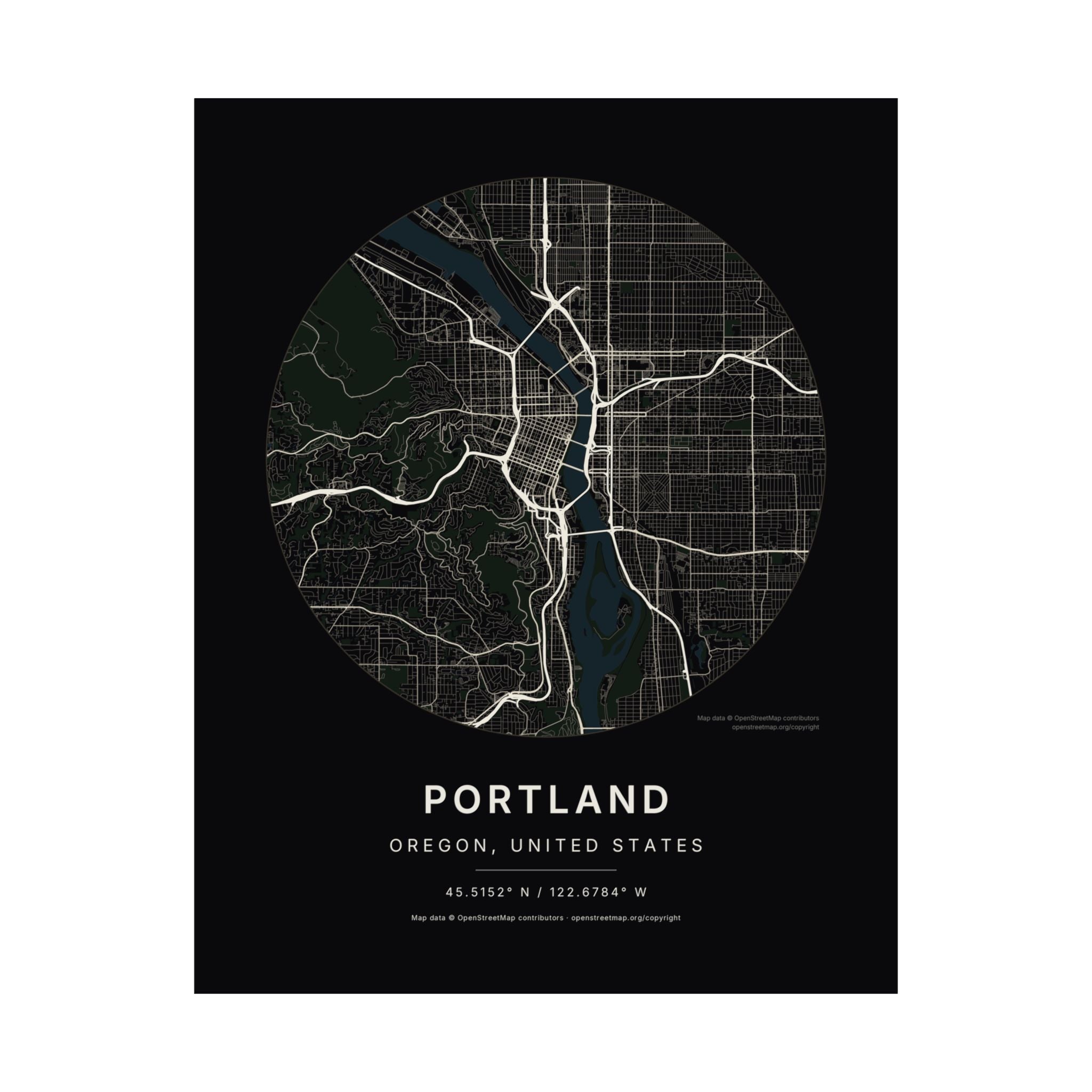 Portland, Oregon City Map Print — Noir Black Street Map Wall Art