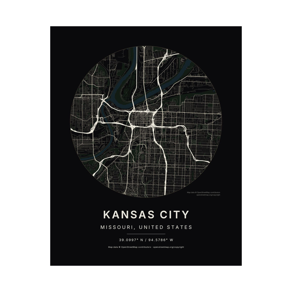 Kansas City, Missouri City Map Print — Noir Black Street Map Wall Art