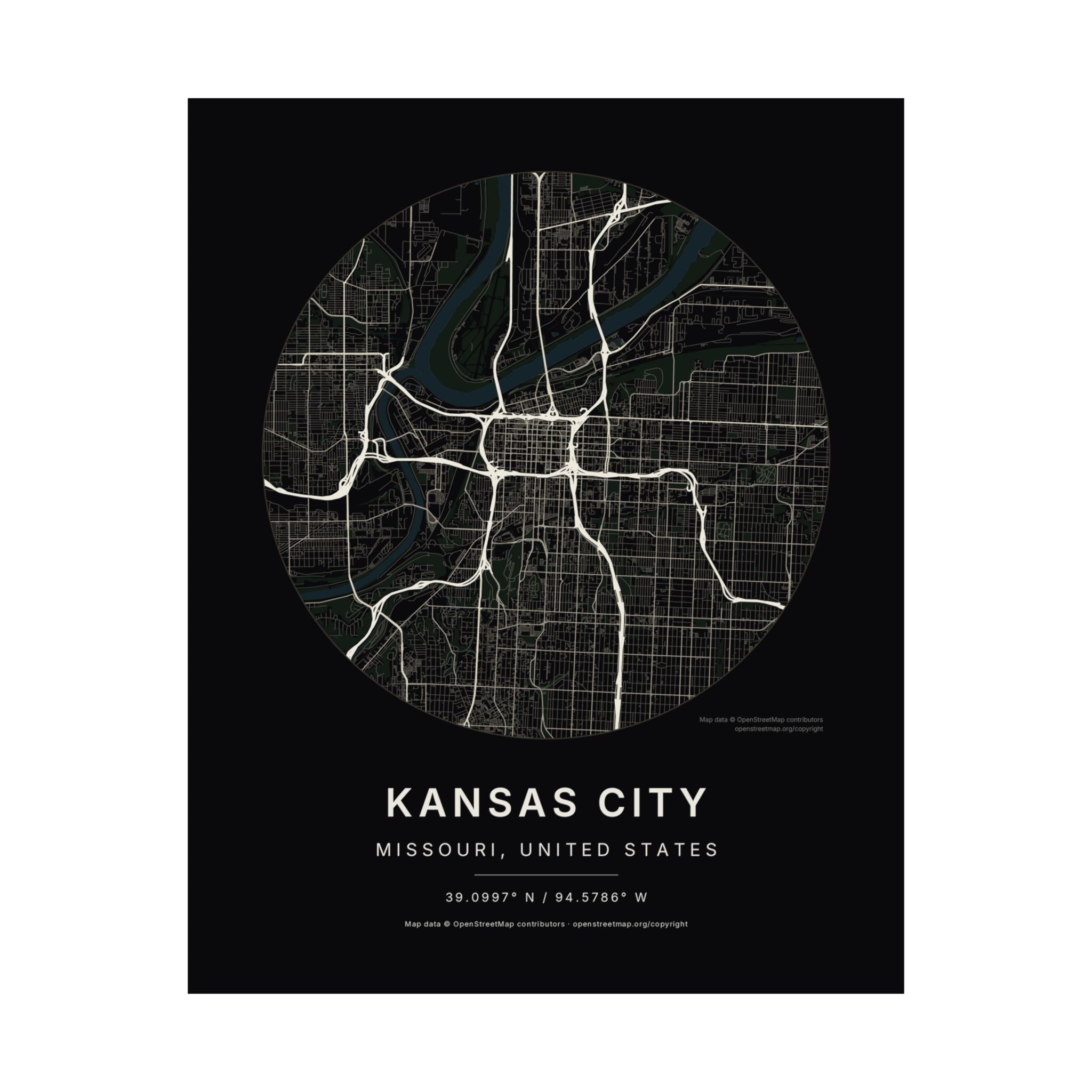 Kansas City, Missouri City Map Print — Noir Black Street Map Wall Art