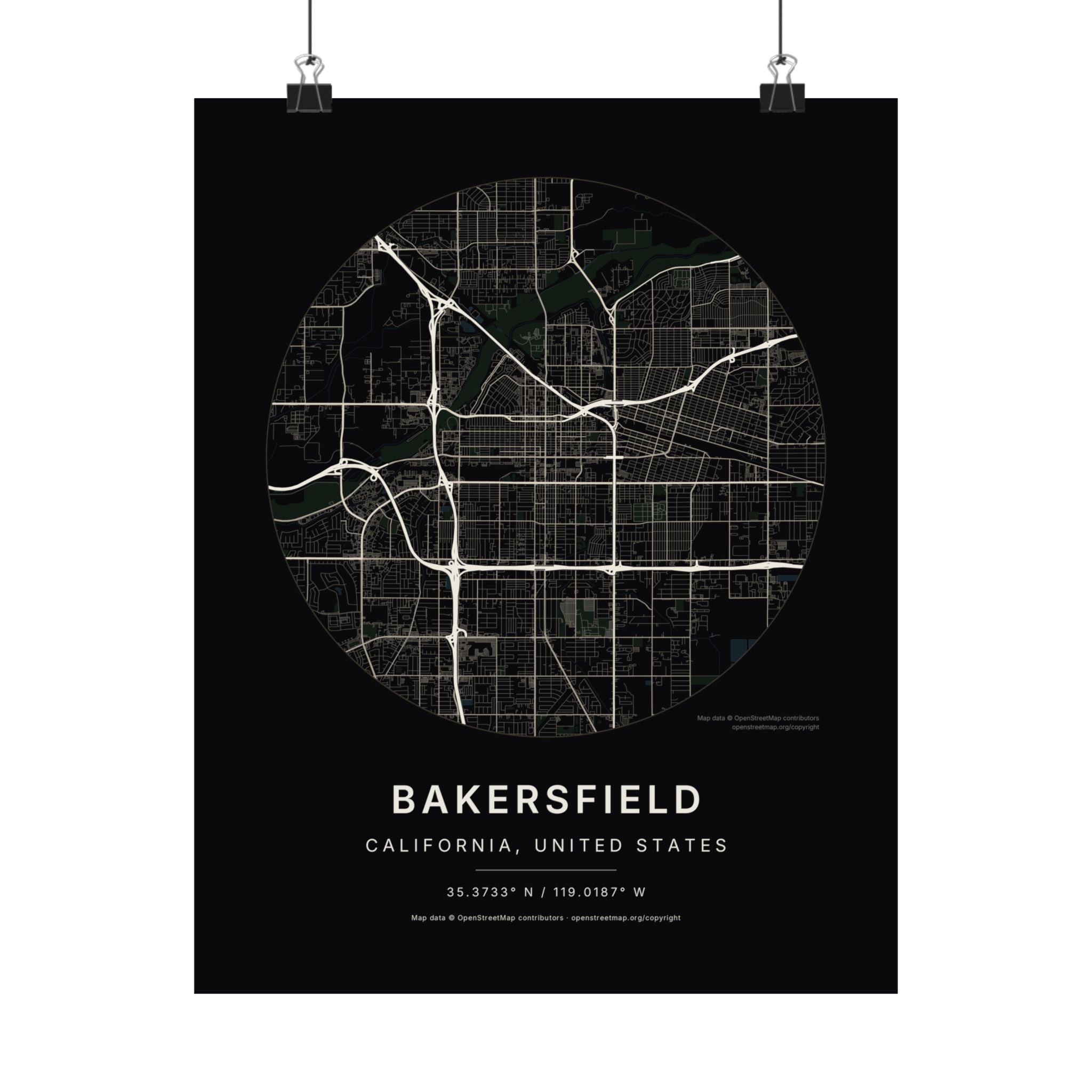 Bakersfield, California City Map Print — Noir Black Street Map Wall Art