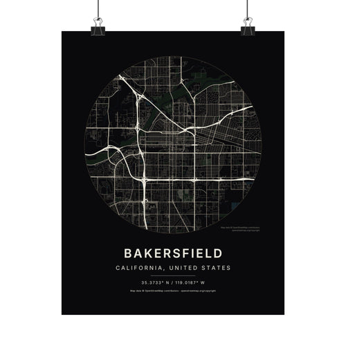 Bakersfield, California City Map Print — Noir Black Street Map Wall Art