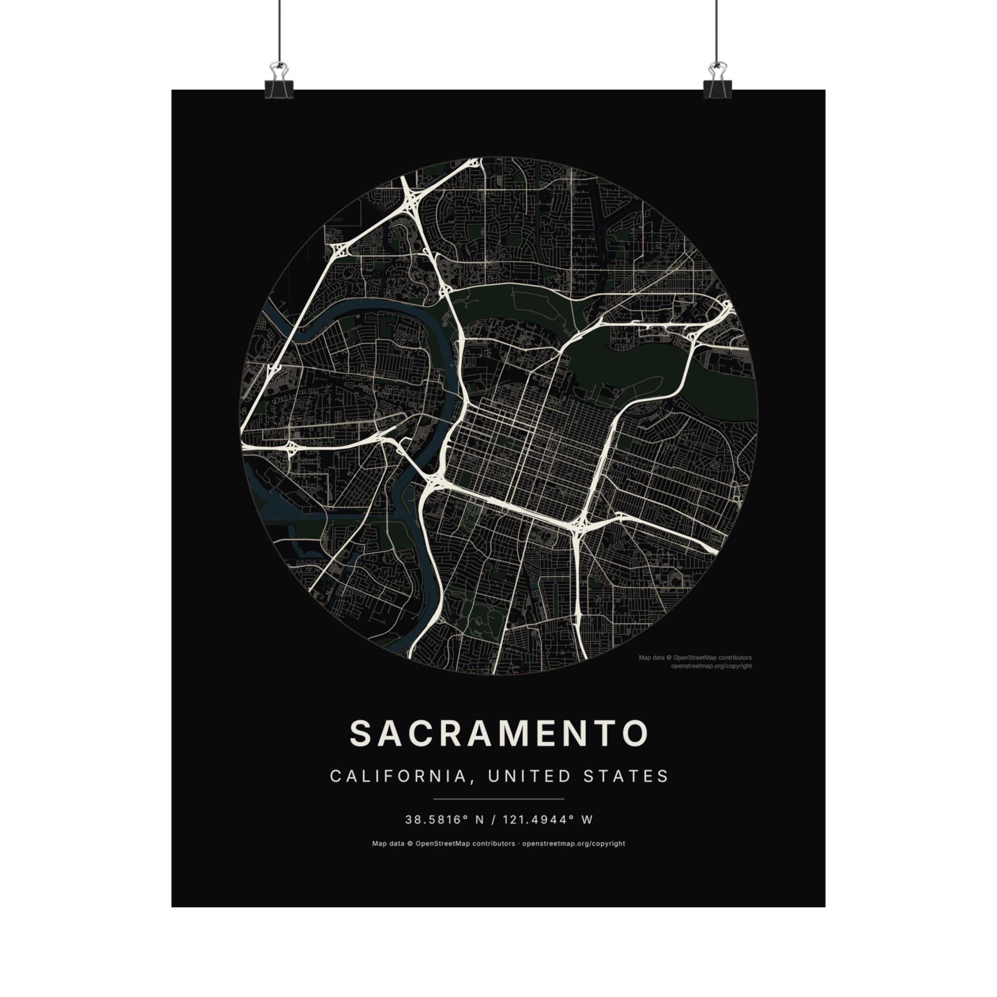 Sacramento, California City Map Print — Noir Black Street Map Wall Art