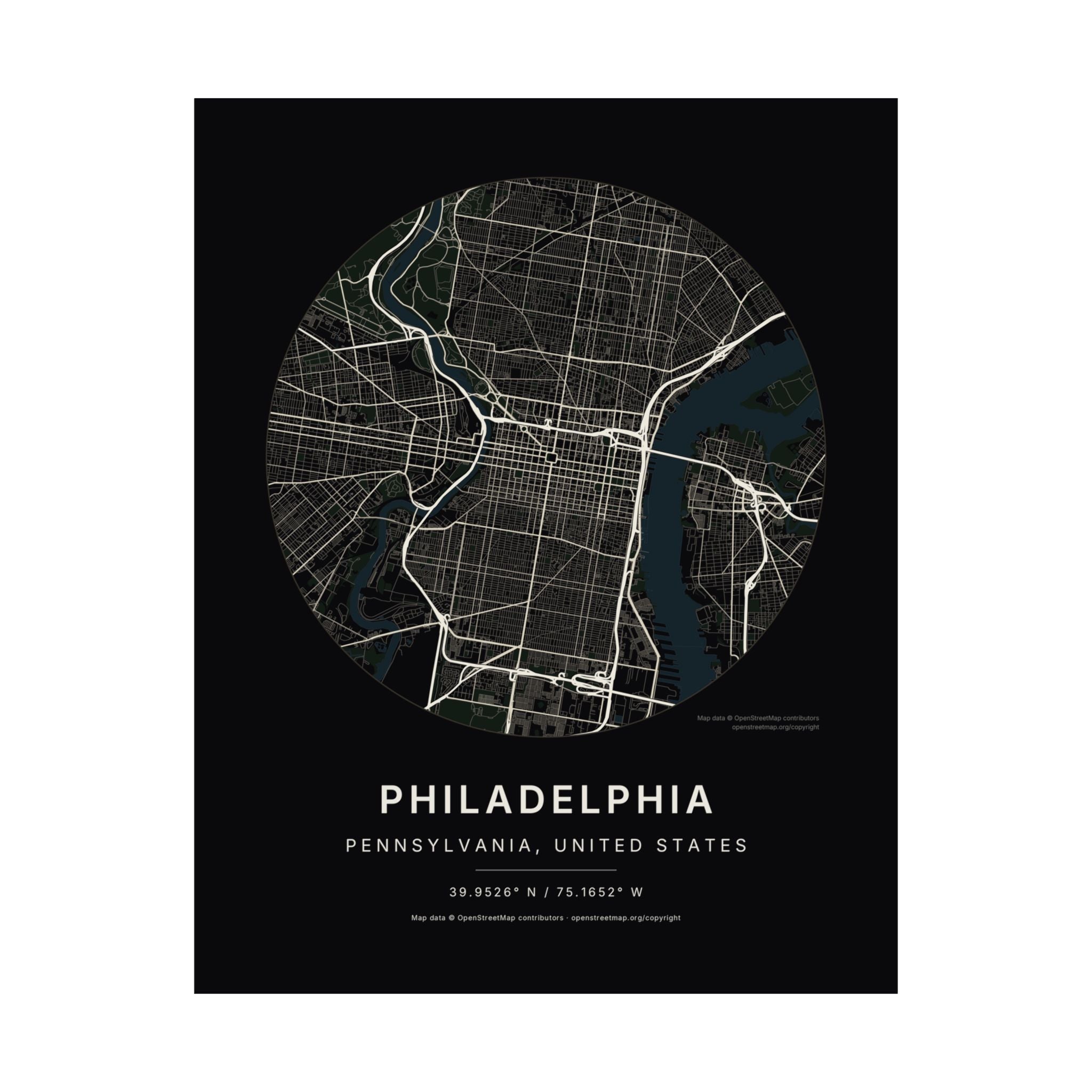 Philadelphia, Pennsylvania City Map Print — Noir Black Street Map Wall Art