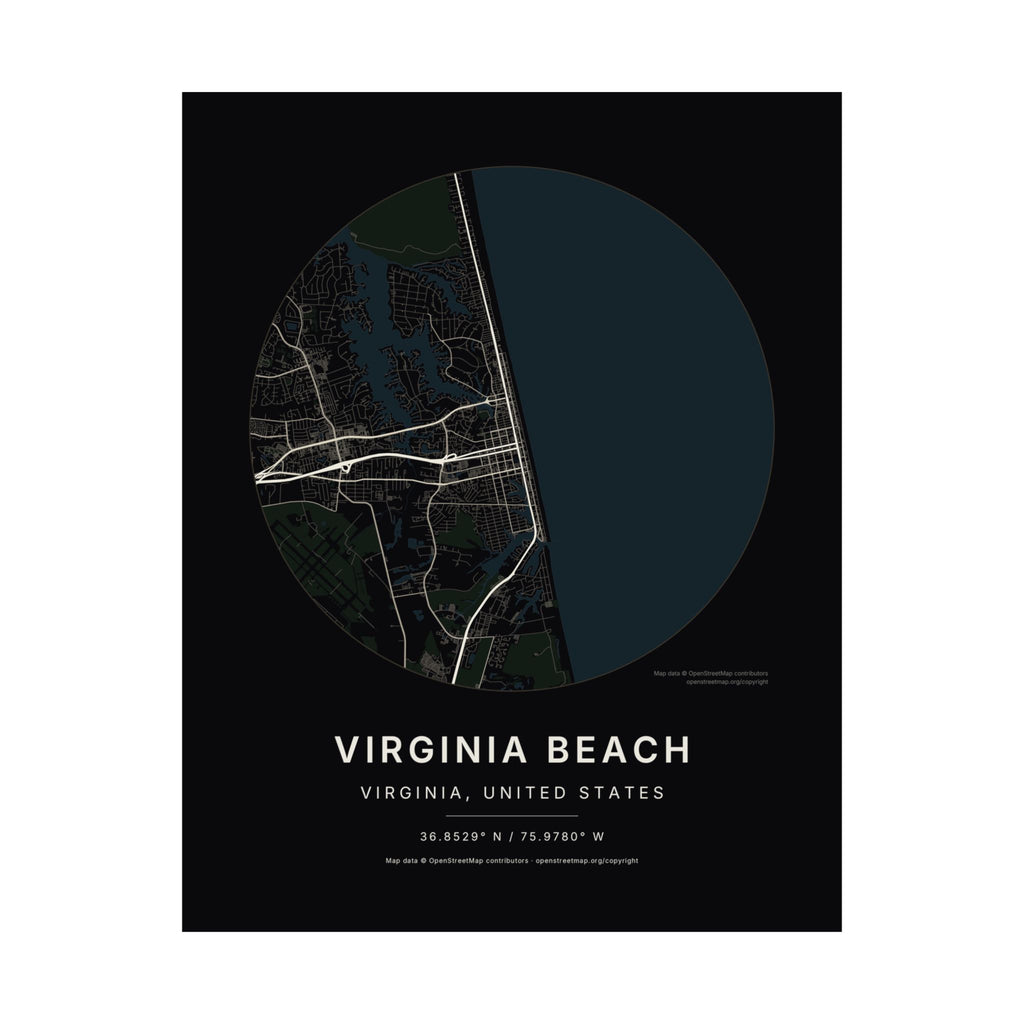 Virginia Beach, Virginia City Map Print — Noir Black Street Map Wall Art
