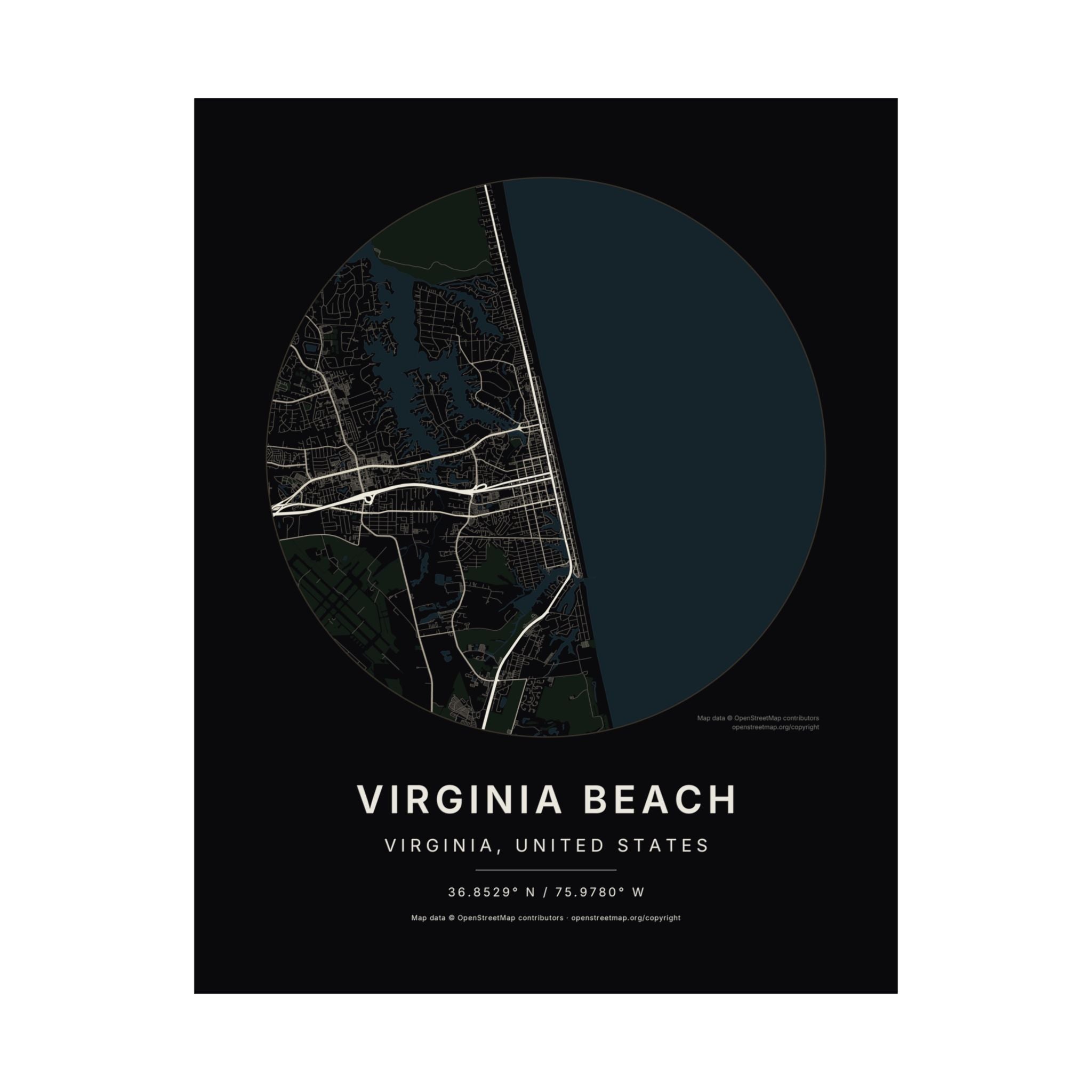 Virginia Beach, Virginia City Map Print — Noir Black Street Map Wall Art
