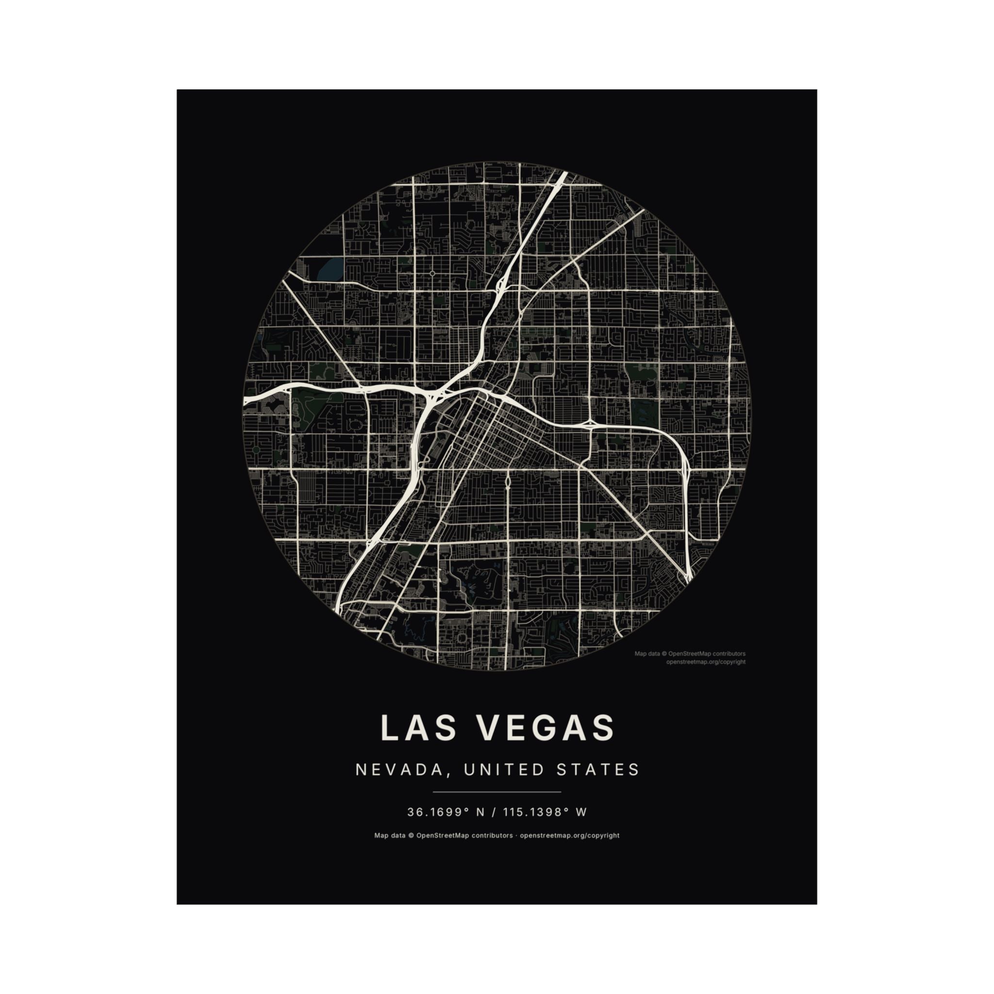 Las Vegas, Nevada City Map Print — Noir Black Street Map Wall Art