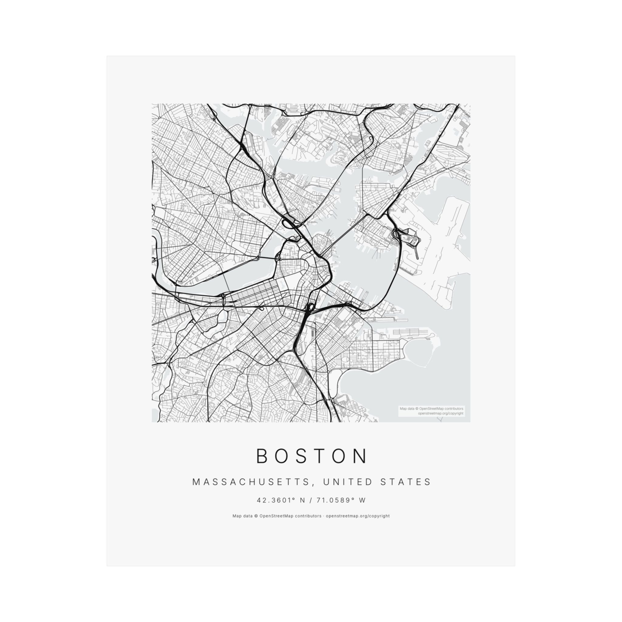 Boston, Massachusetts City Map Print — Minimalist Street Map Wall Art