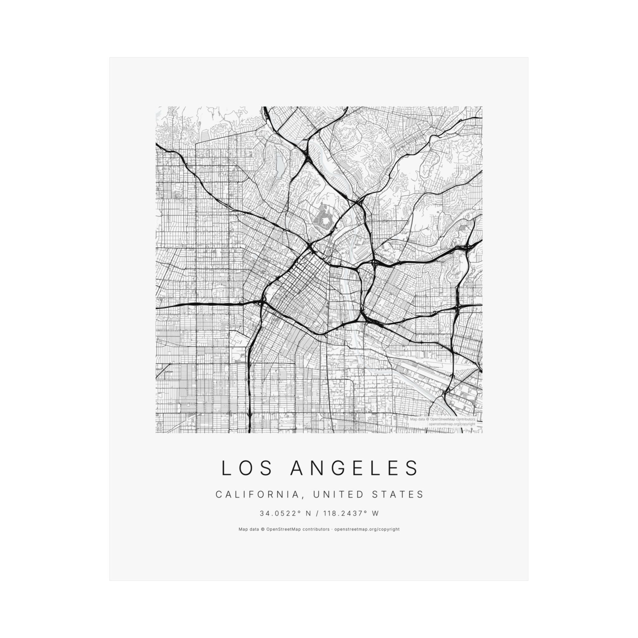 Los Angeles, California City Map Print — Minimalist Street Map Wall Art