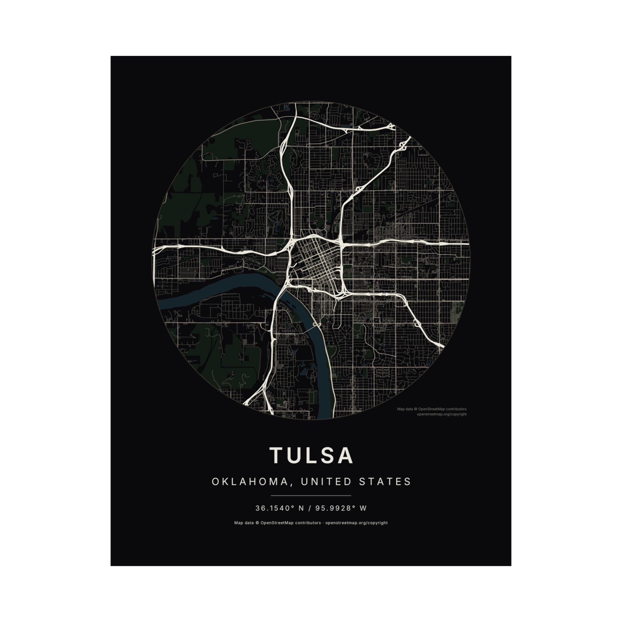Tulsa, Oklahoma City Map Print — Noir Black Street Map Wall Art