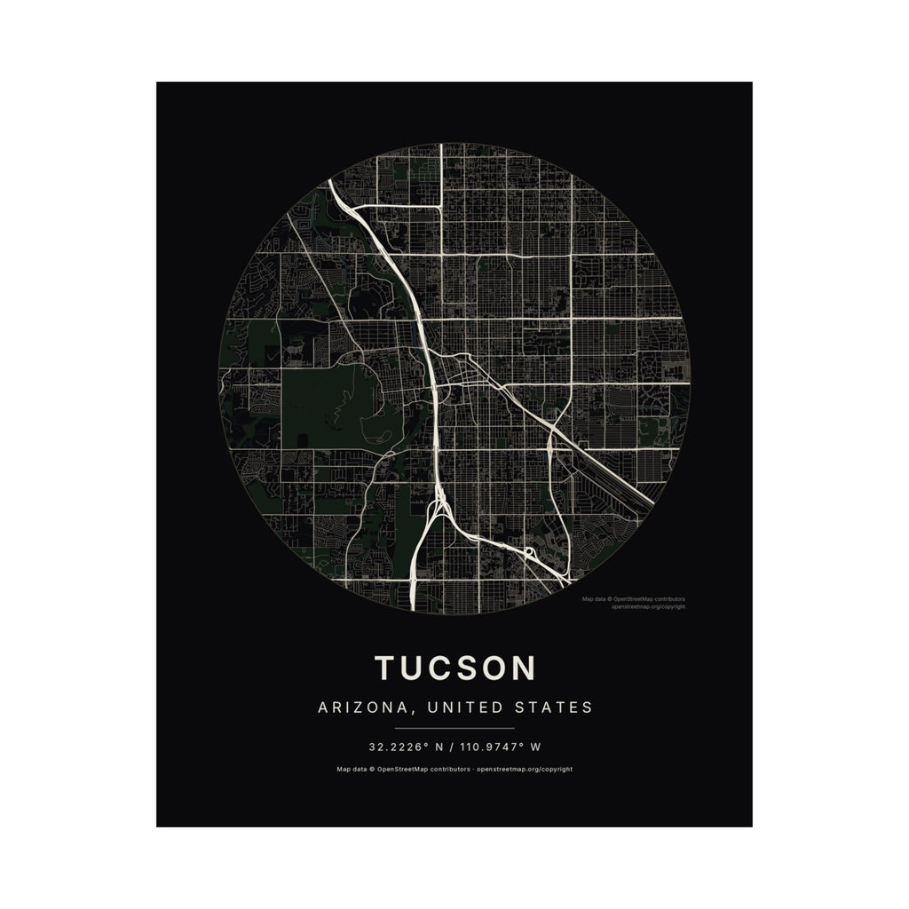 Tucson, Arizona City Map Print — Noir Black Street Map Wall Art