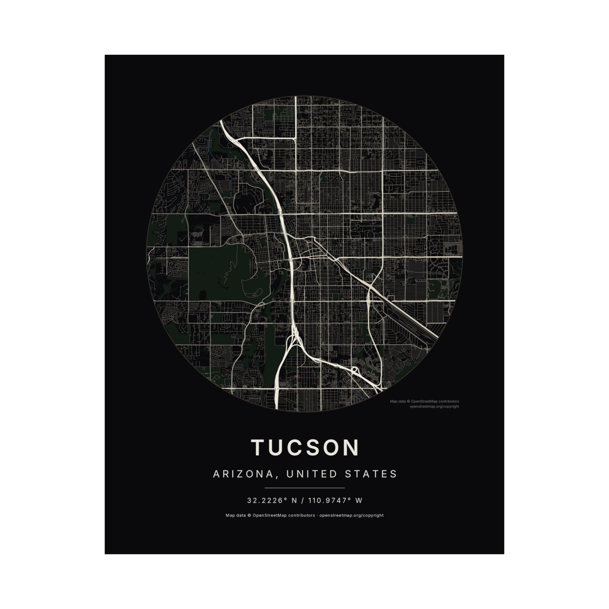 Tucson, Arizona City Map Print — Noir Black Street Map Wall Art