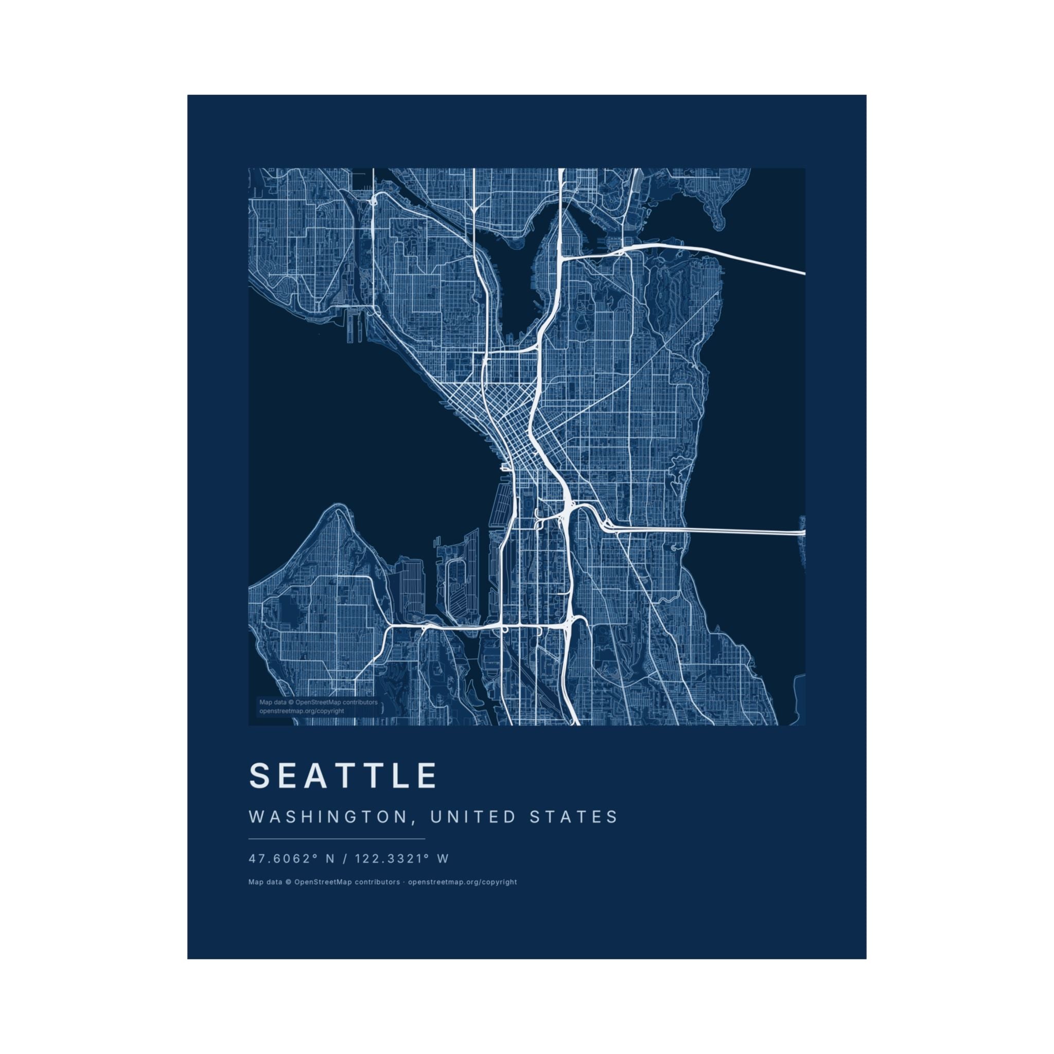 Seattle, Washington City Map Print — Blueprint Navy Street Map Wall Art