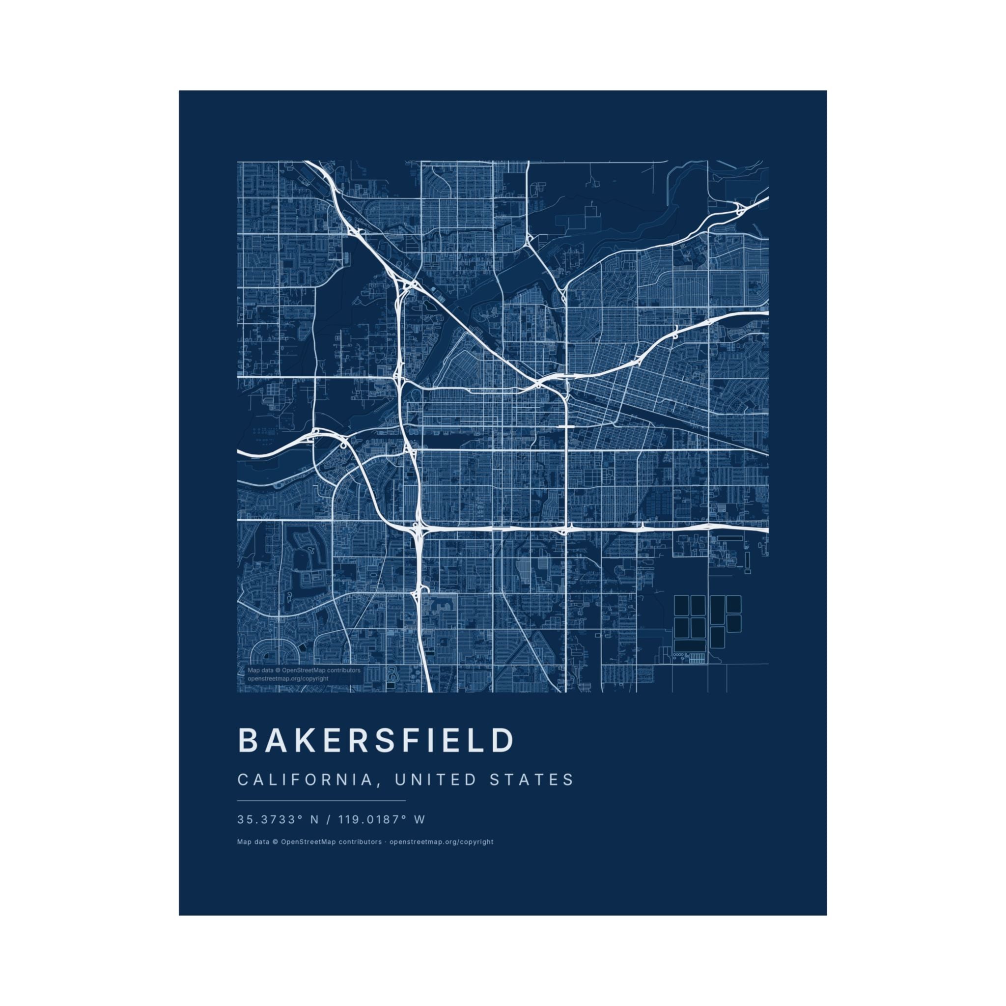 Bakersfield, California City Map Print — Blueprint Navy Street Map Wall Art