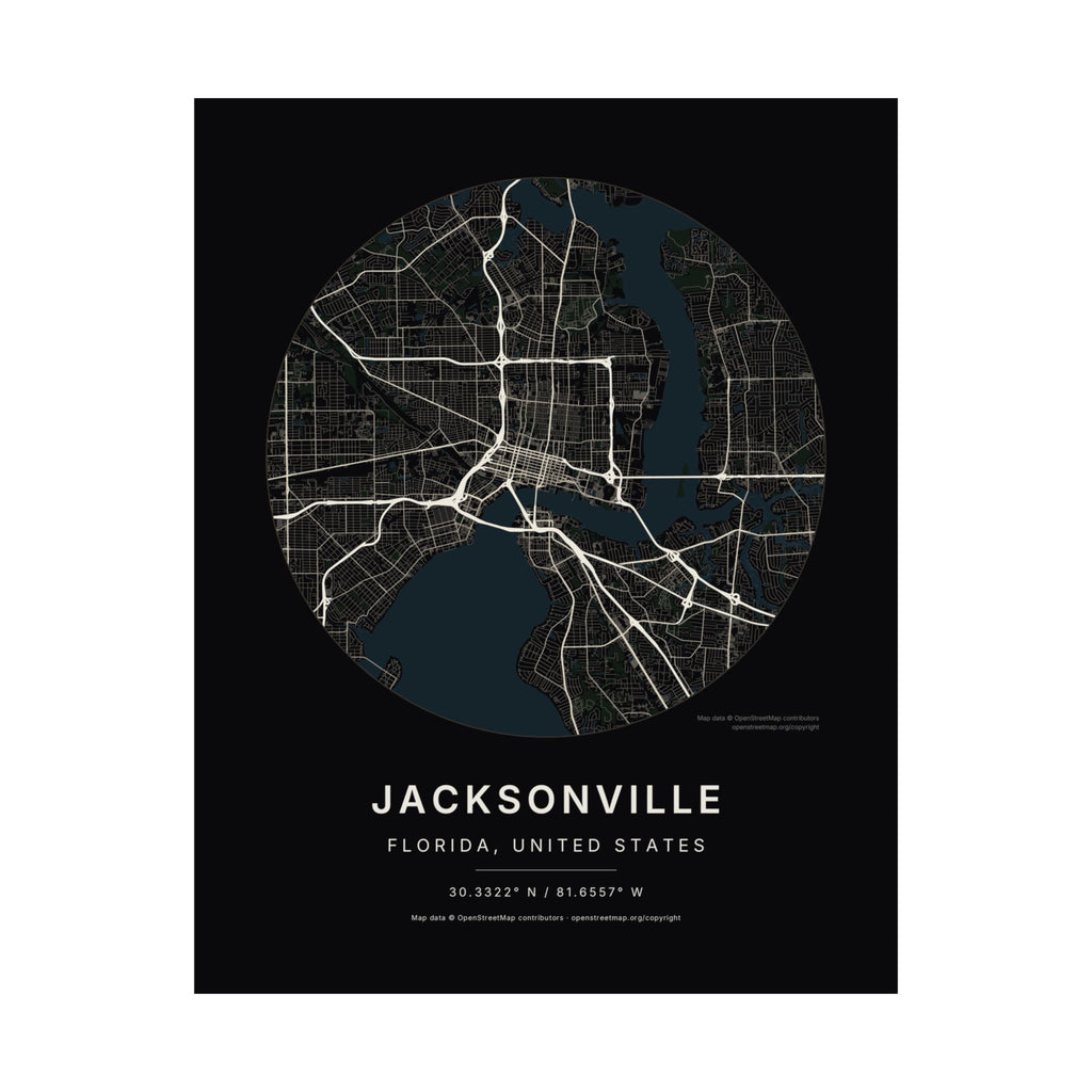Jacksonville, Florida City Map Print — Noir Black Street Map Wall Art
