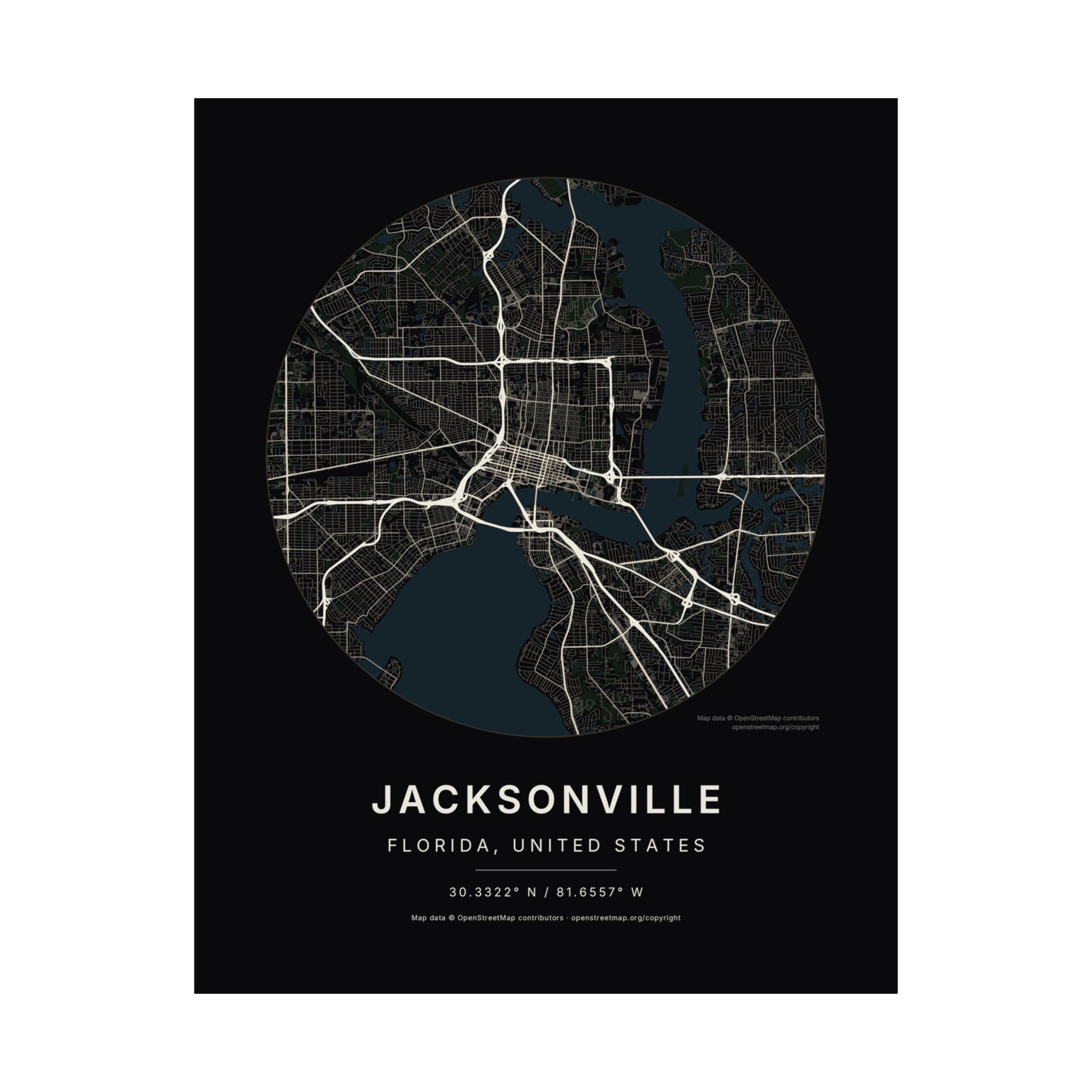 Jacksonville, Florida City Map Print — Noir Black Street Map Wall Art