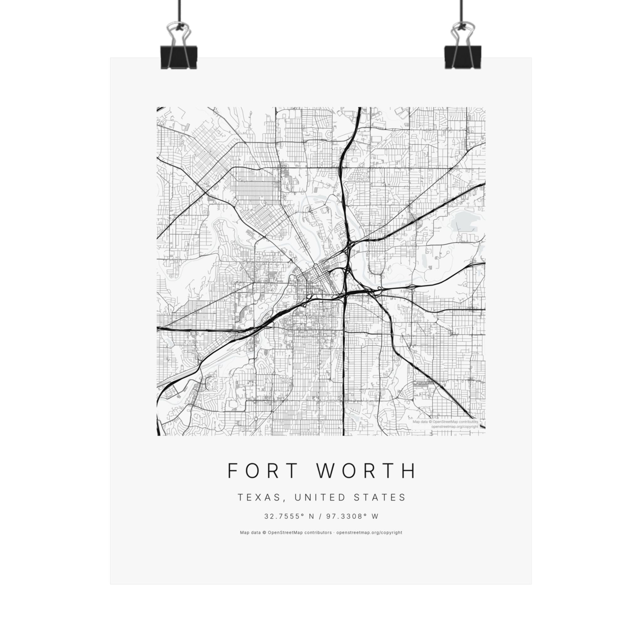 Fort Worth, Texas City Map Print — Minimalist Street Map Wall Art