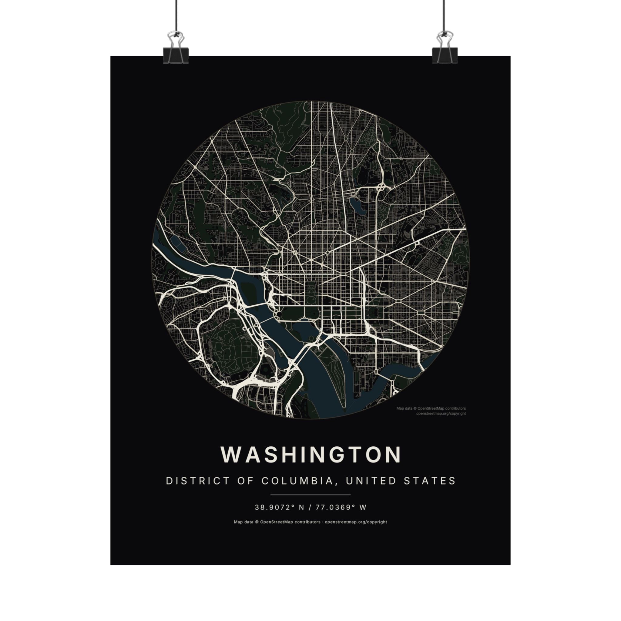 Washington, District of Columbia City Map Print — Noir Black Street Map Wall Art