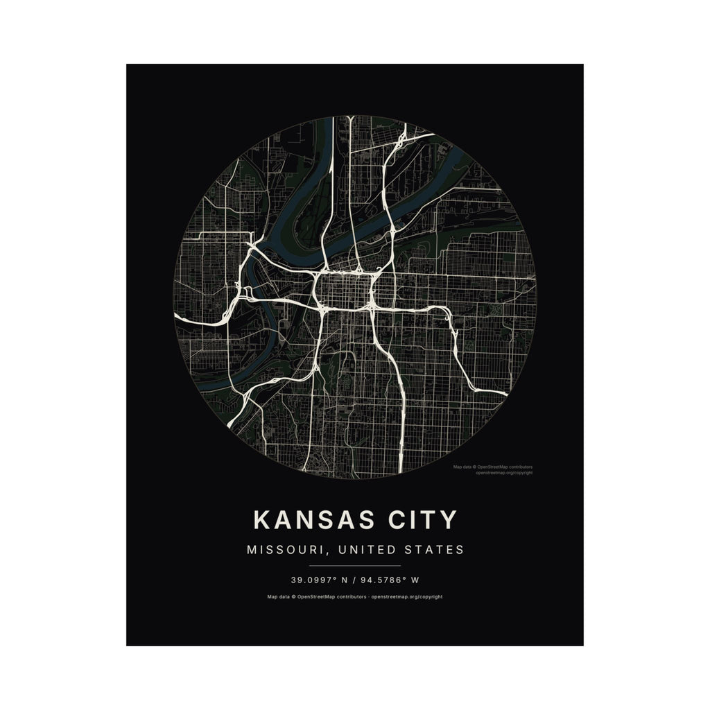 Kansas City, Missouri City Map Print — Noir Black Street Map Wall Art