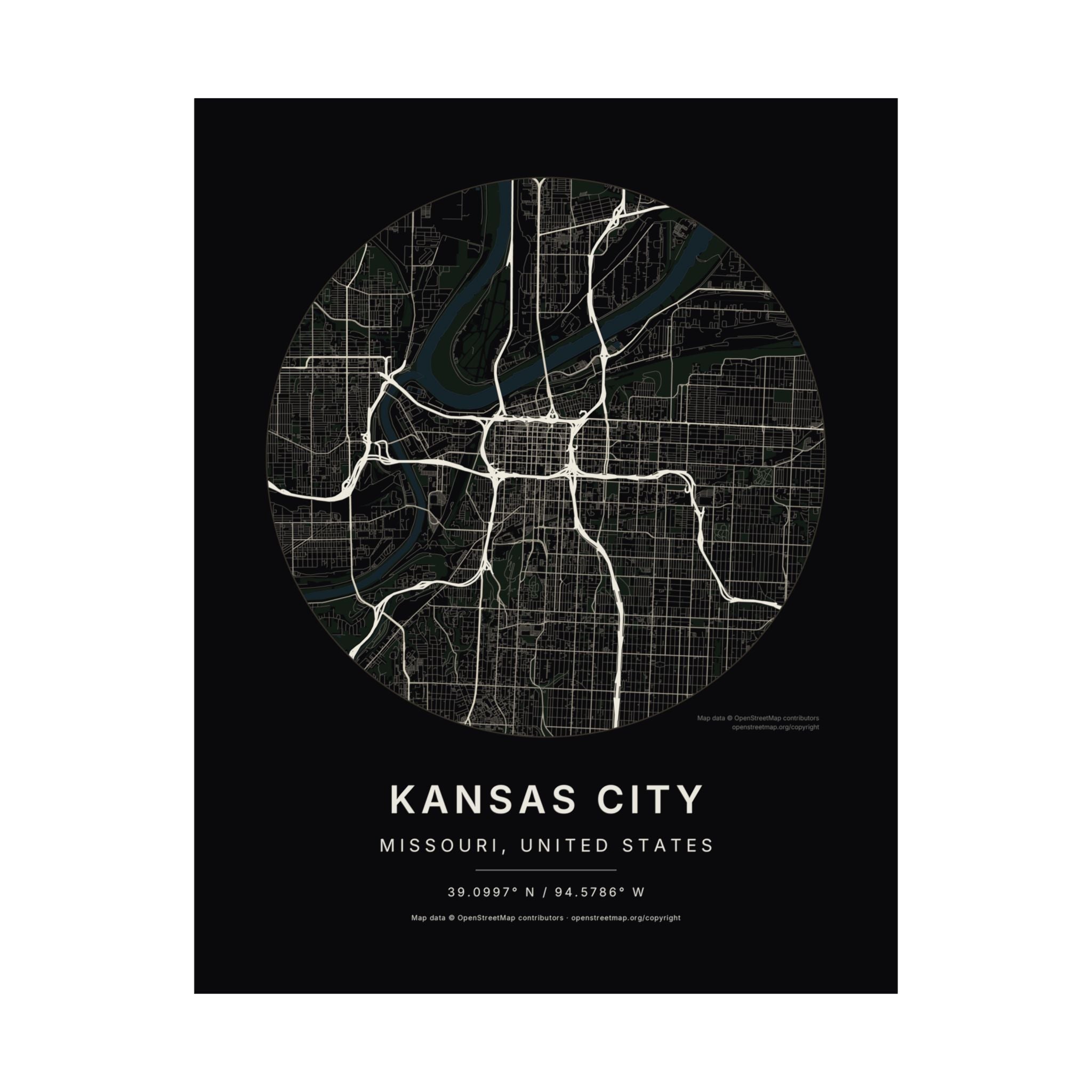 Kansas City, Missouri City Map Print — Noir Black Street Map Wall Art