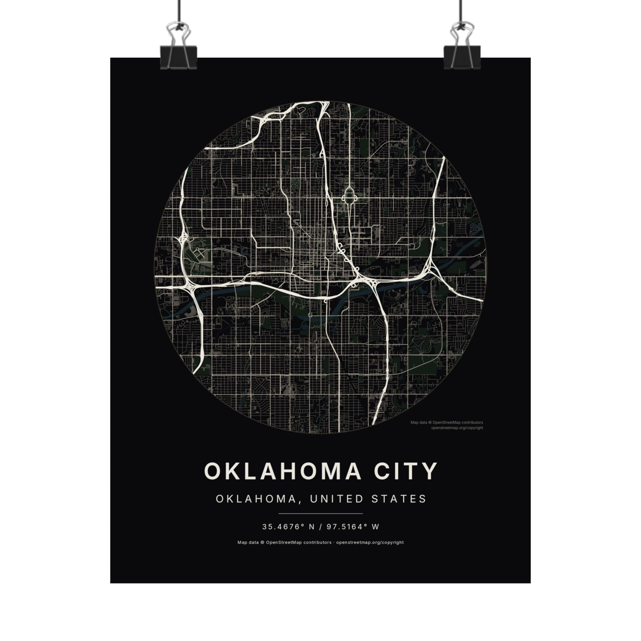 Oklahoma City, Oklahoma City Map Print — Noir Black Street Map Wall Art