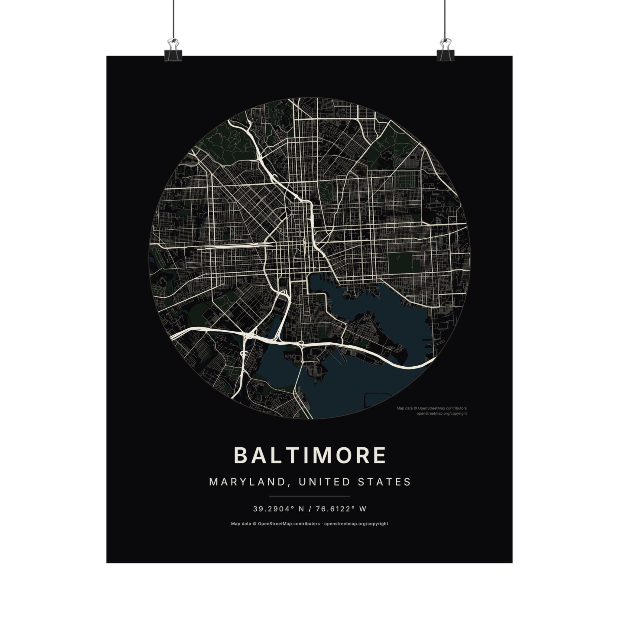 Baltimore, Maryland City Map Print — Noir Black Street Map Wall Art