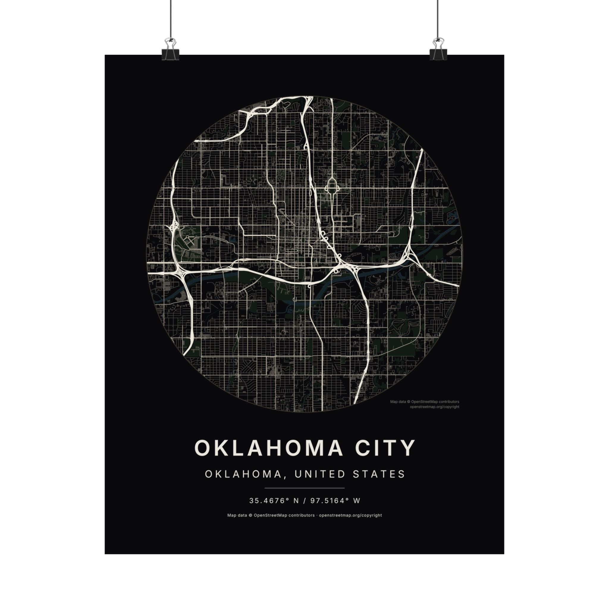 Oklahoma City, Oklahoma City Map Print — Noir Black Street Map Wall Art